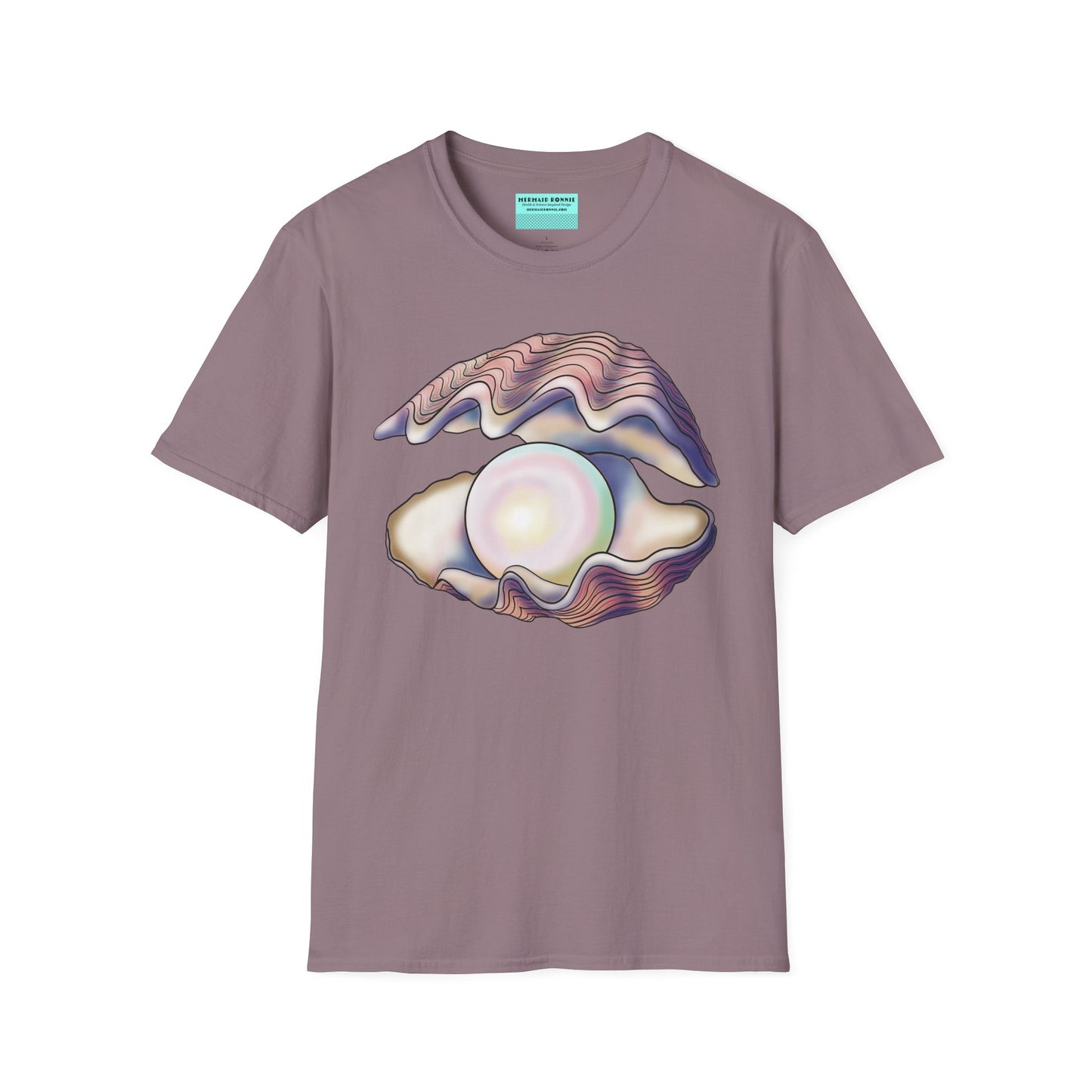Purple t-shirt featuring an illustration of a large oyster with a luminescent pearl inside.