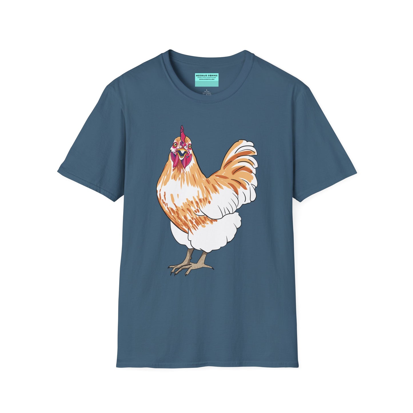 Indigo blue t-shirt featuring an illustration of a chicken.