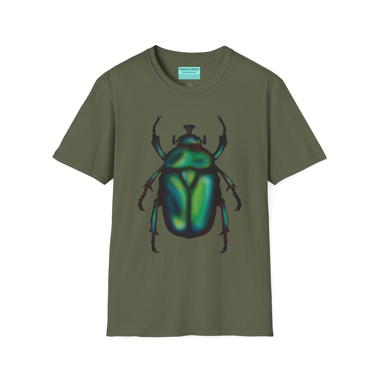 Military green t-shirt featuring an illustration of a June bug (green chafer beetle) across the chest.