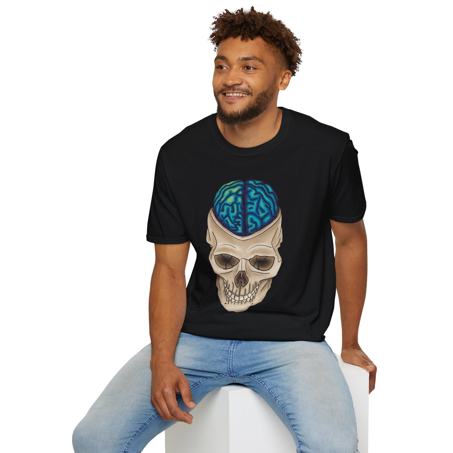Man wearing a black t-shirt featuring a drawing of an anatomical skull, with a brain emerging from the top.