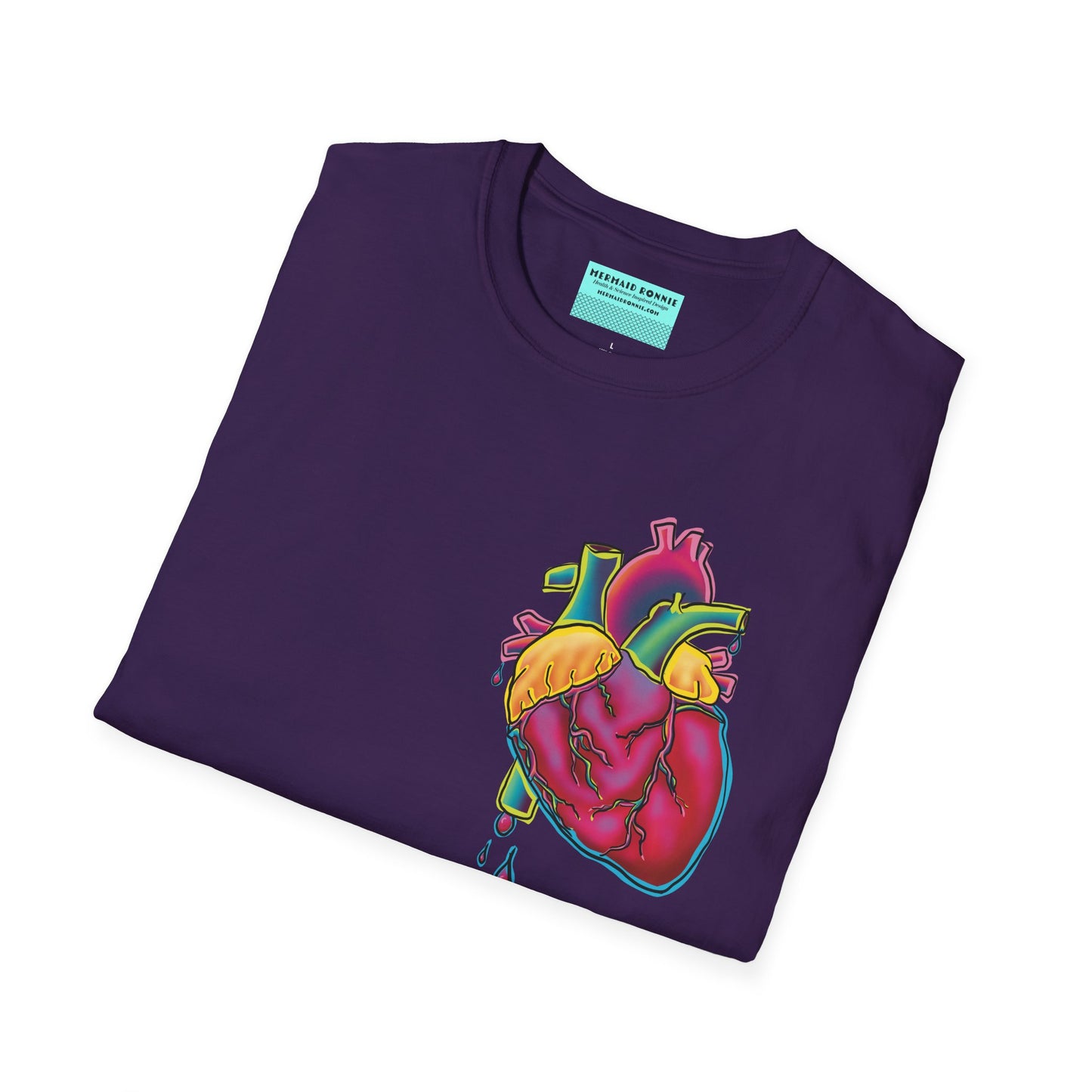 Folded purple unisex short sleeve t-shirt featuring a bold neon anatomical heart front and off-center, complete with dripping blood vessels—because nothing says “wear your heart on your sleeve” like wearing it smack on your chest in highlighter tones.