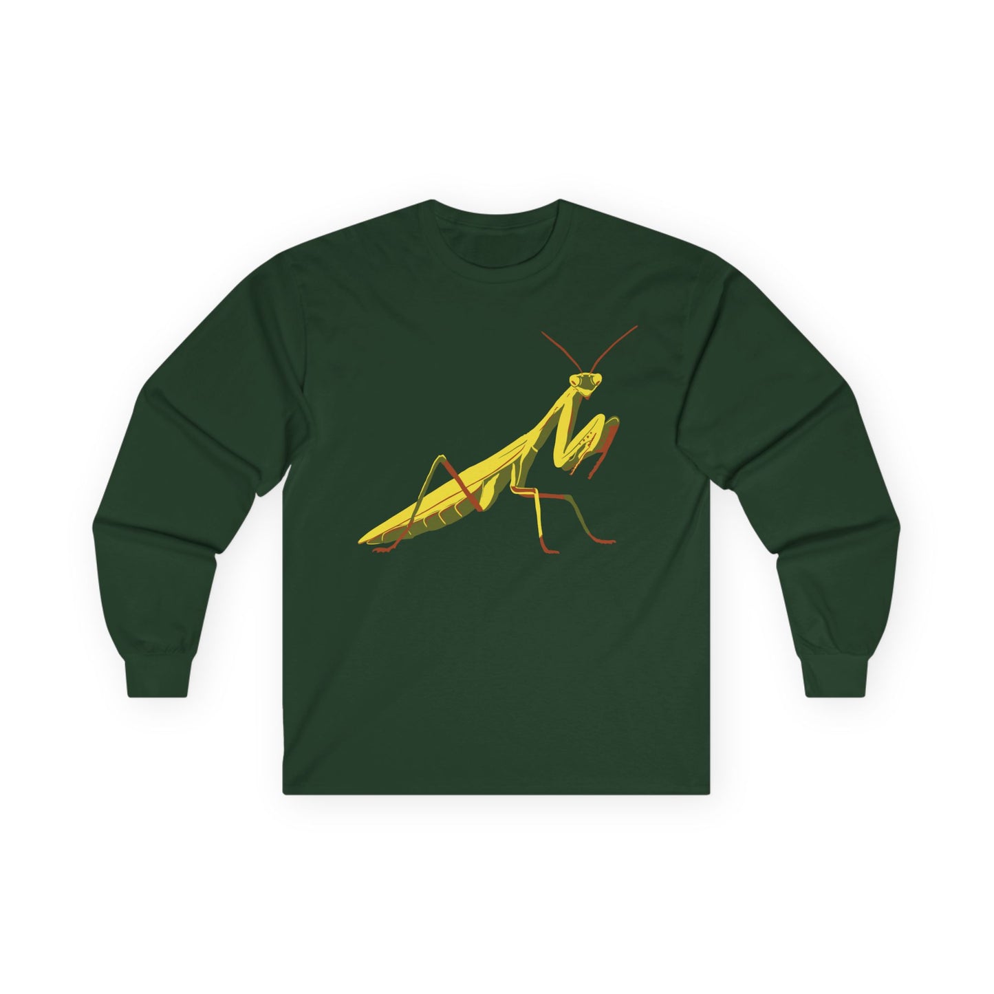 Long sleeve unisex forest green shirt featuring an illustration of a yellow and green praying mantis insect on the front.