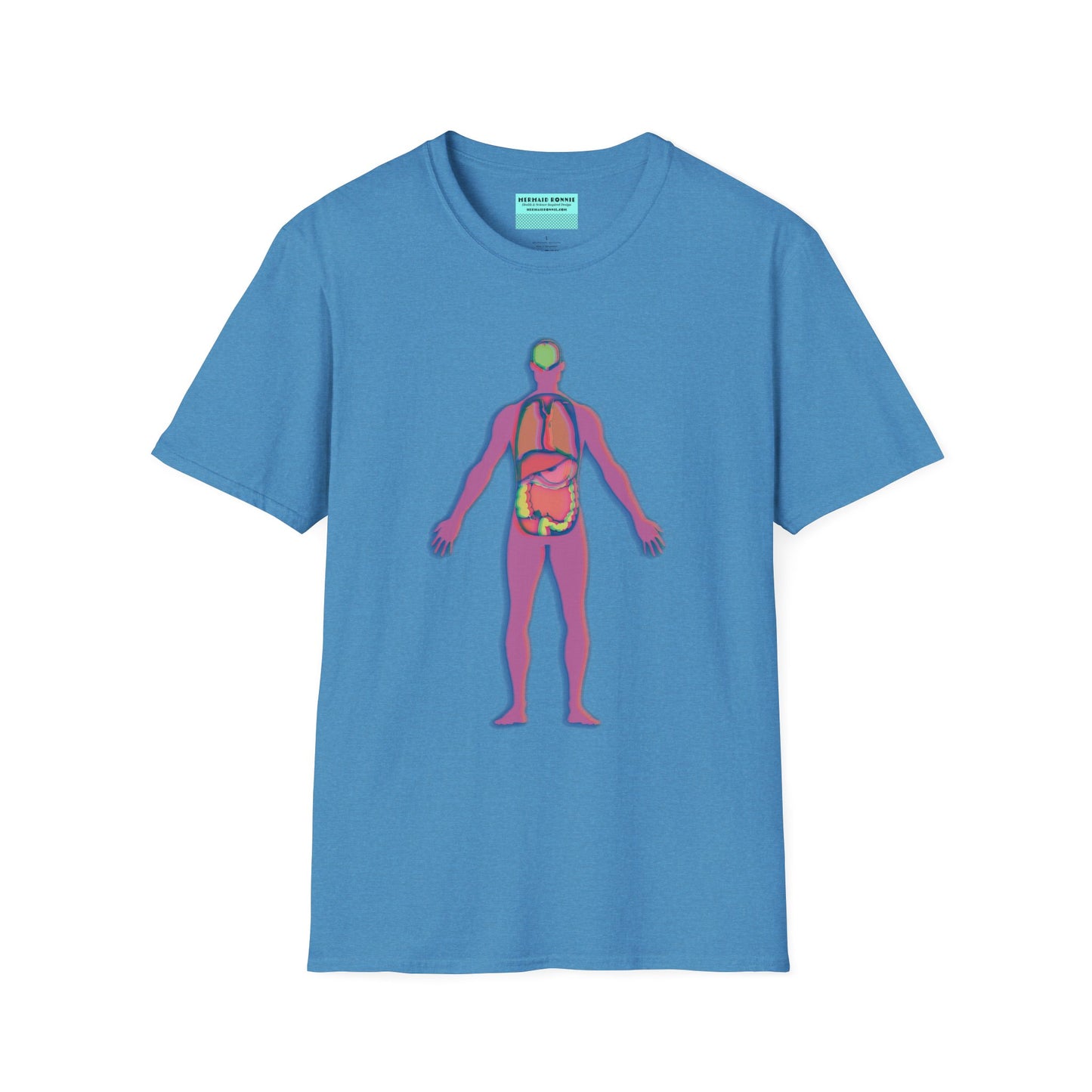 Blue t-shirt featuring an illustration of an anatomical figure with internal organs shown in different colors.