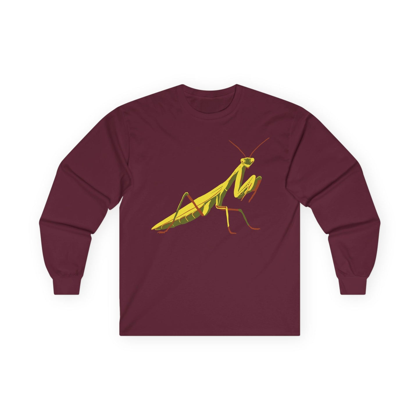 Long sleeve unisex burgundy shirt featuring an illustration of a yellow and green praying mantis insect on the front.
