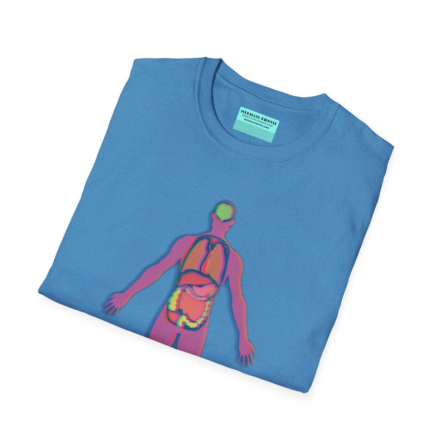 Folded blue t-shirt featuring an illustration of an anatomical figure with internal organs shown in different colors.
