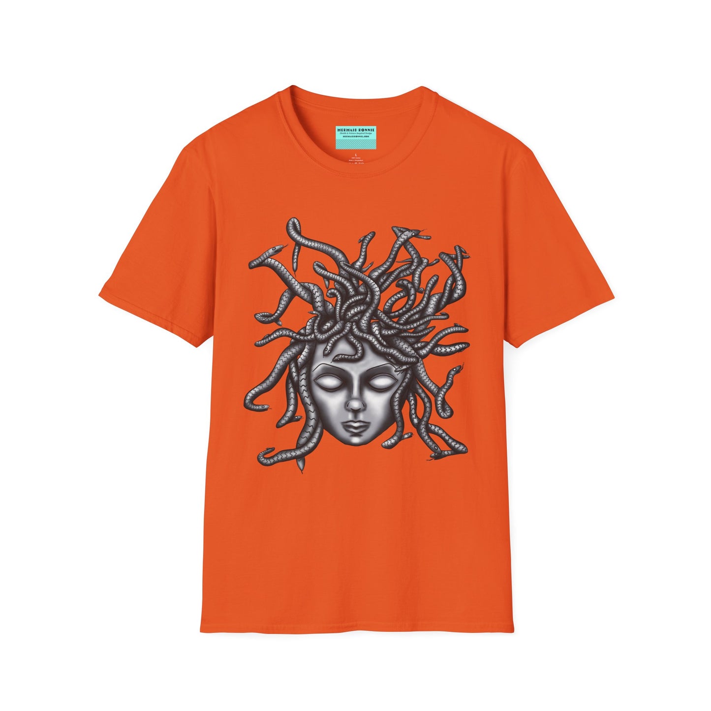 Orange t-shirt featuring a grayscale drawing of Medusa.