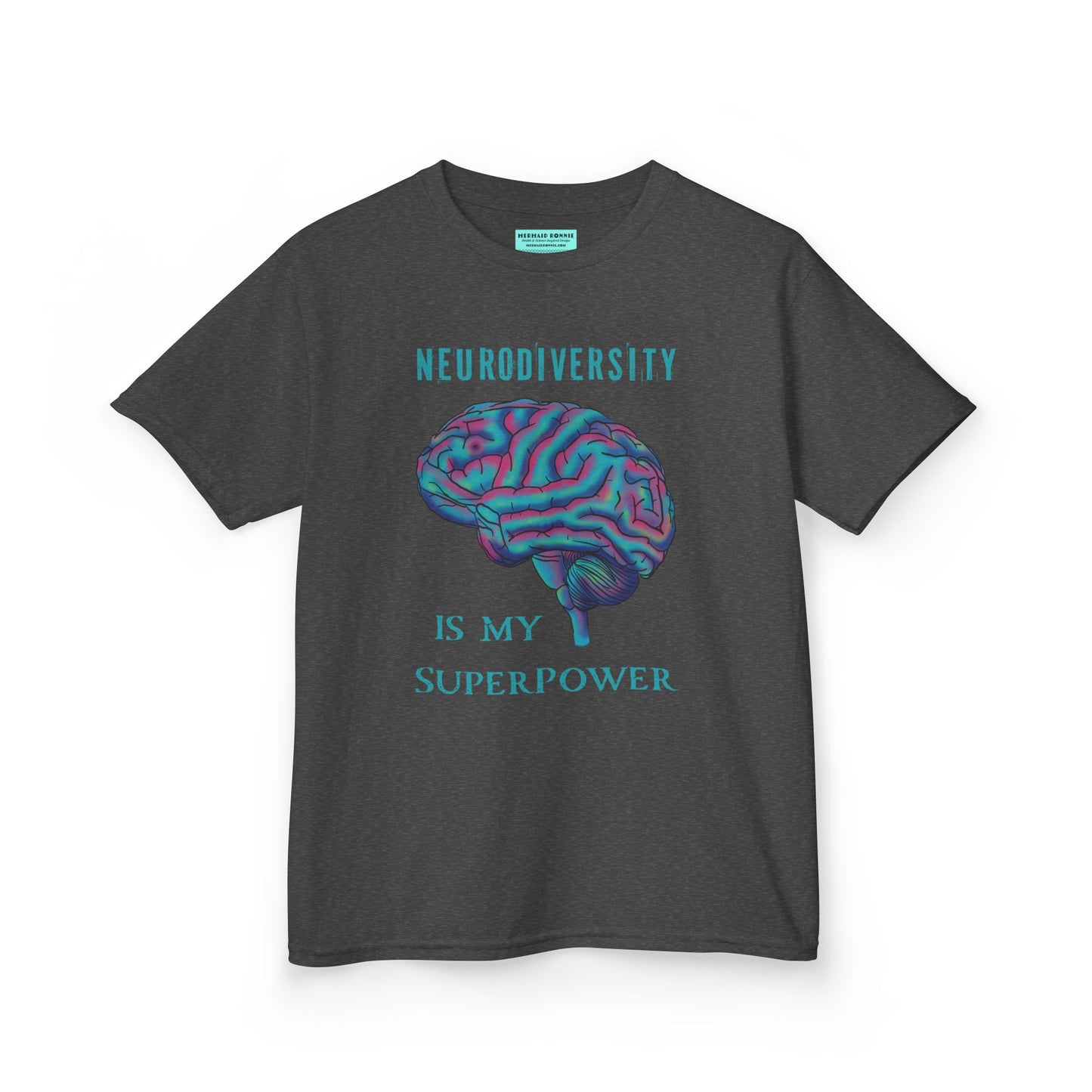 Dark grey unisex kids' t-shirt featuring a drawing of an anatomical brain and the text 'Neurodiversity is my superpower.'