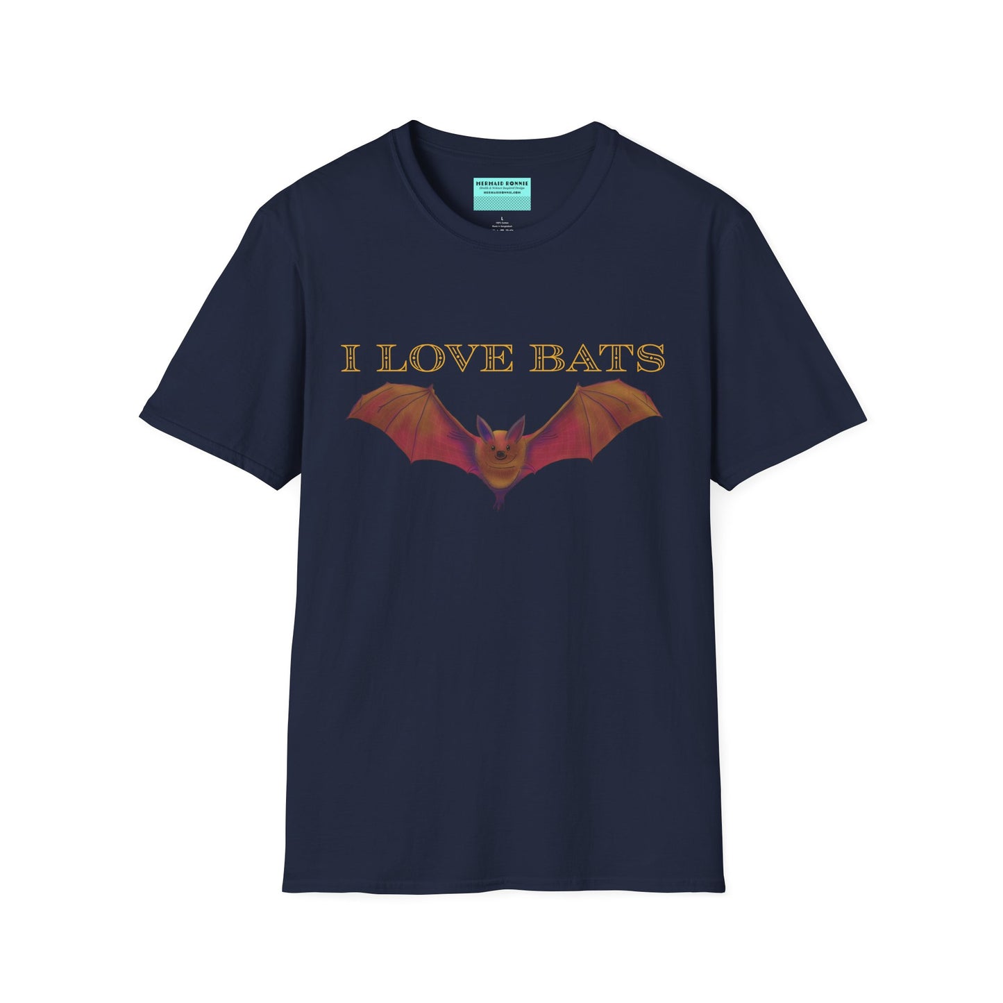 Navy t-shirt featuring an irresistibly adorable brown bat with outstretched wings across the chest and the text “I love bats” — perfect for anyone who’s batty about flying mammals.