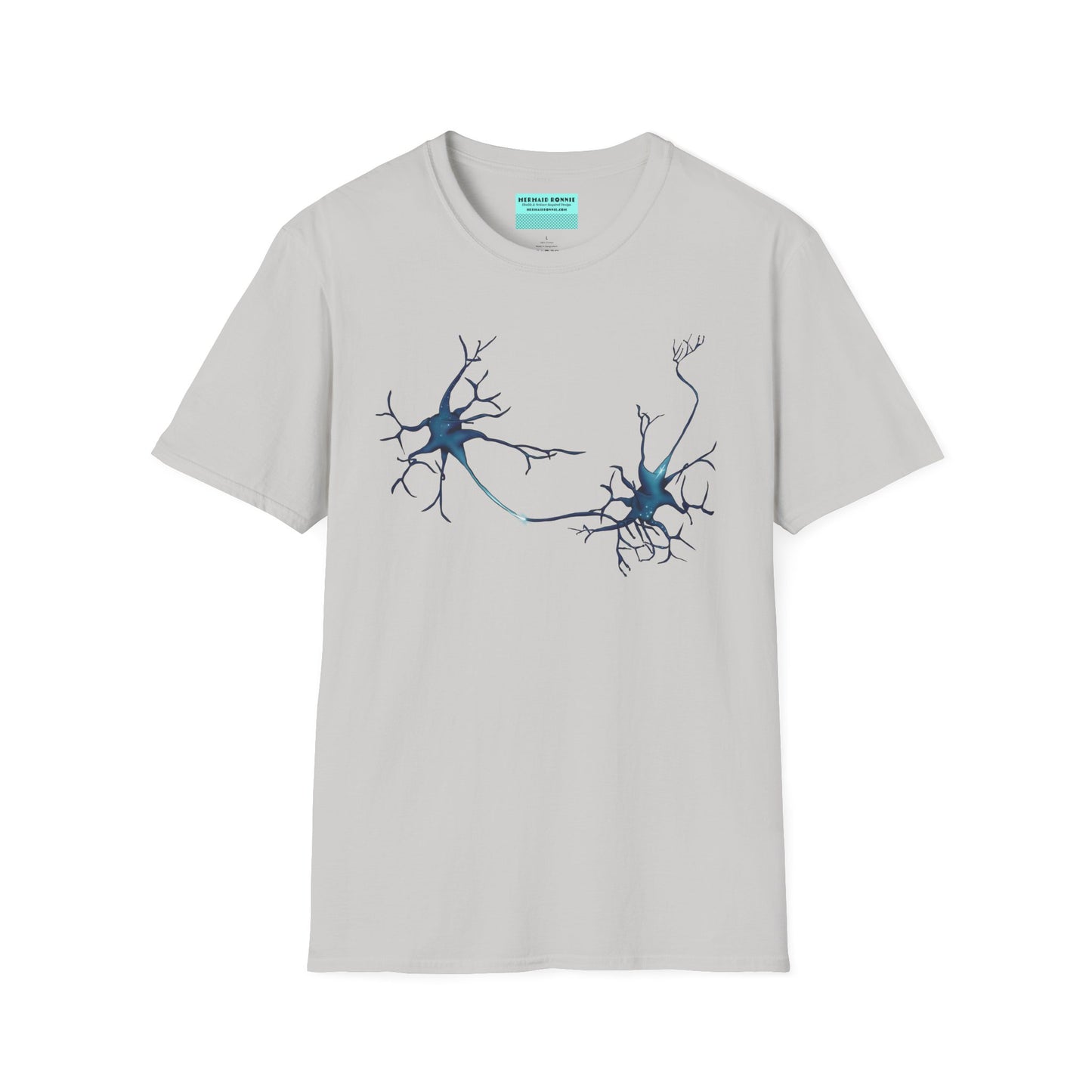 Light grey t-shirt featuring an illustration of two blue neurons extending toward each other and forming a synapse across the front.
