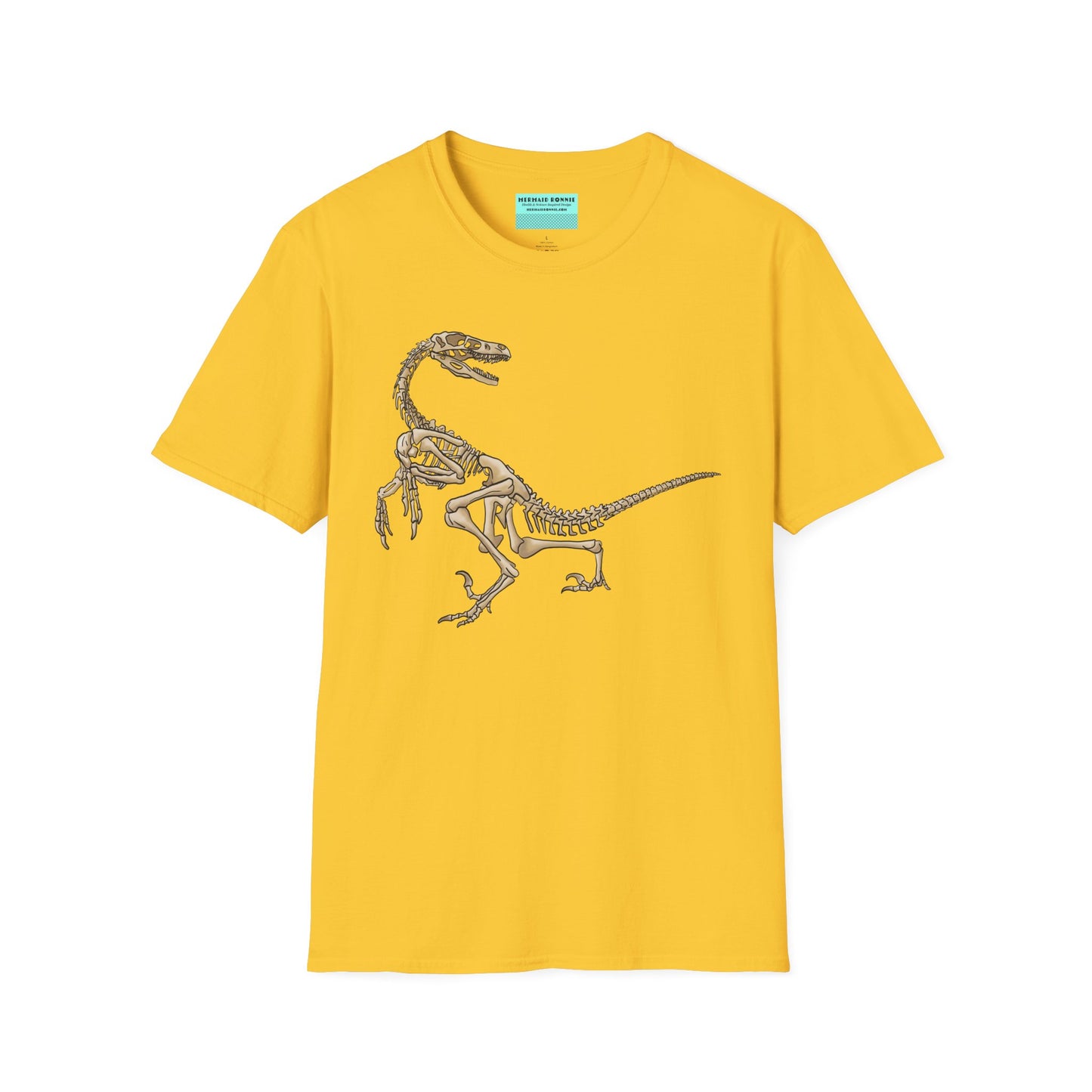 Yellow unisex short sleeve t-shirt with a fierce velociraptor skeleton strutting across the chest—because who says extinct can’t be stylish?