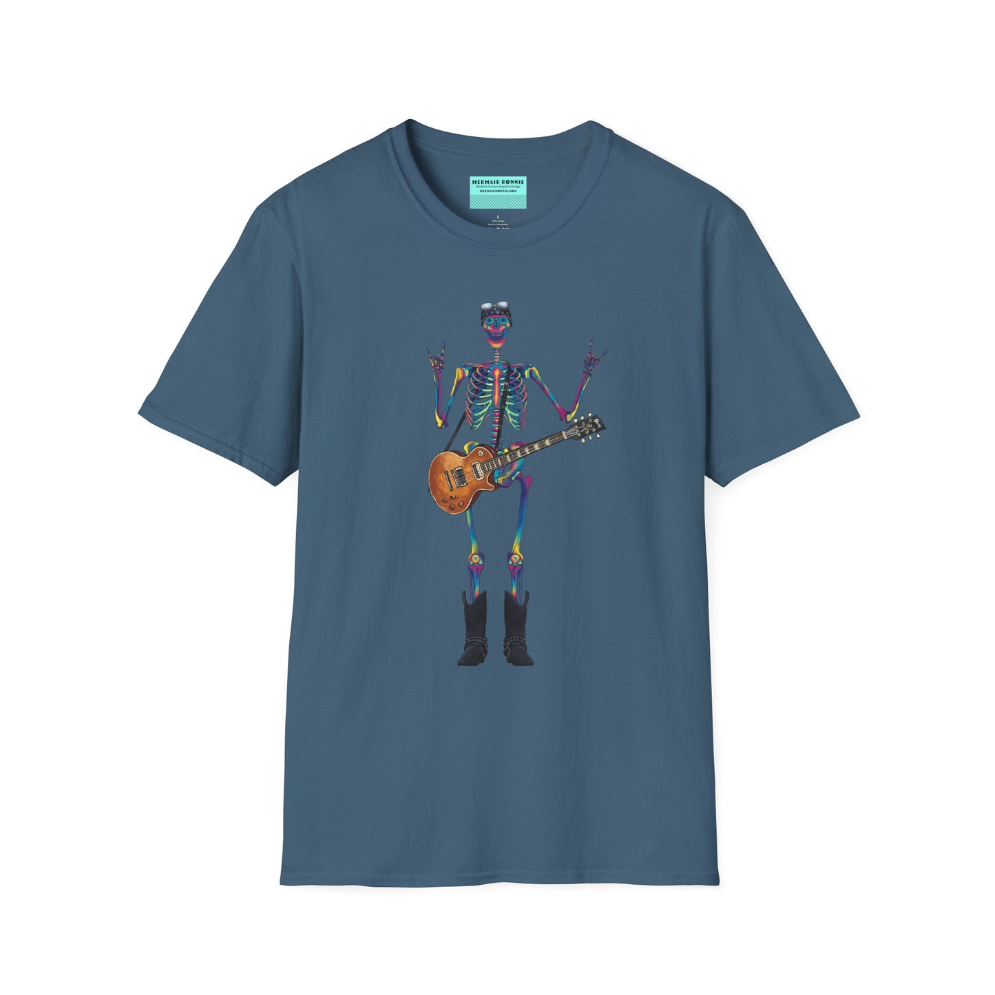 Indigo blue t-shirt featuring a tie-dye skeleton holding a guitar, dressed like a classic rocker with boots, a bandana, and rock-style clothing.