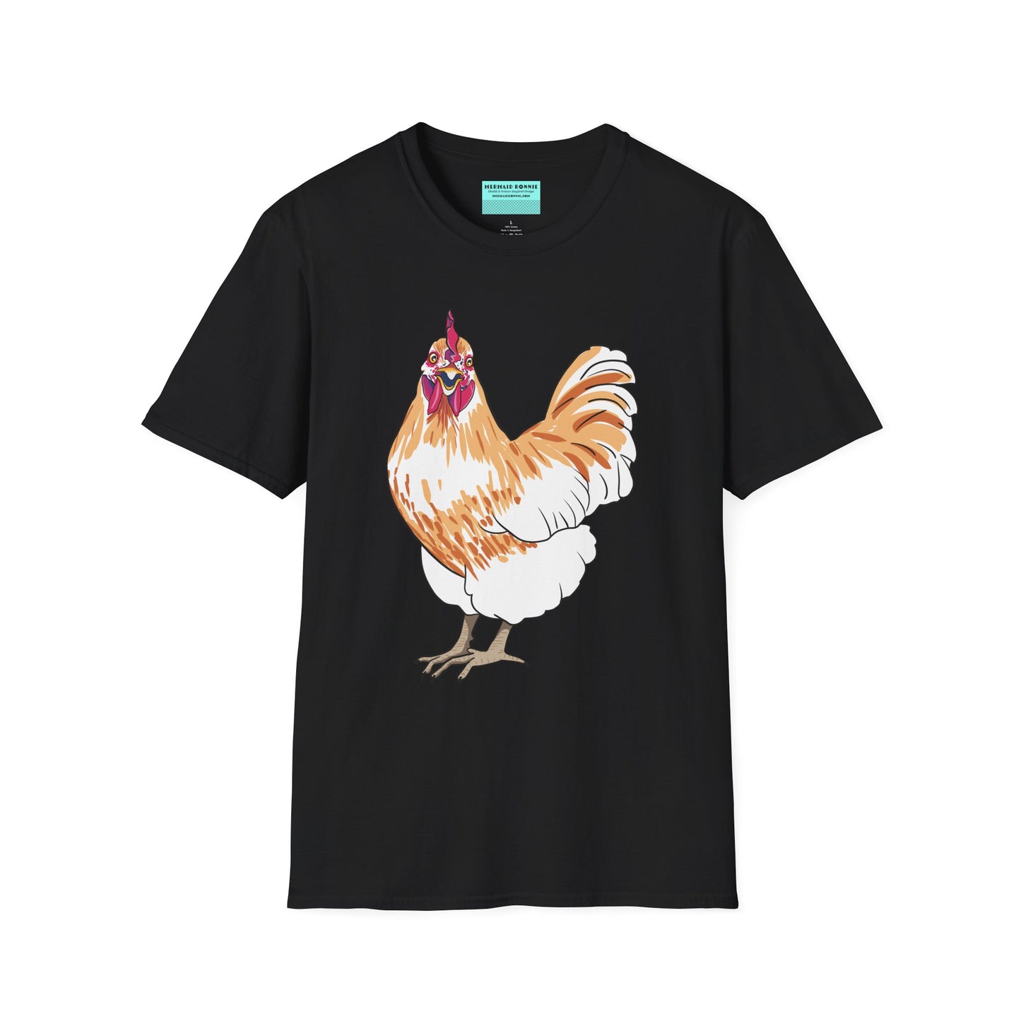 Black t-shirt featuring an illustration of a chicken.