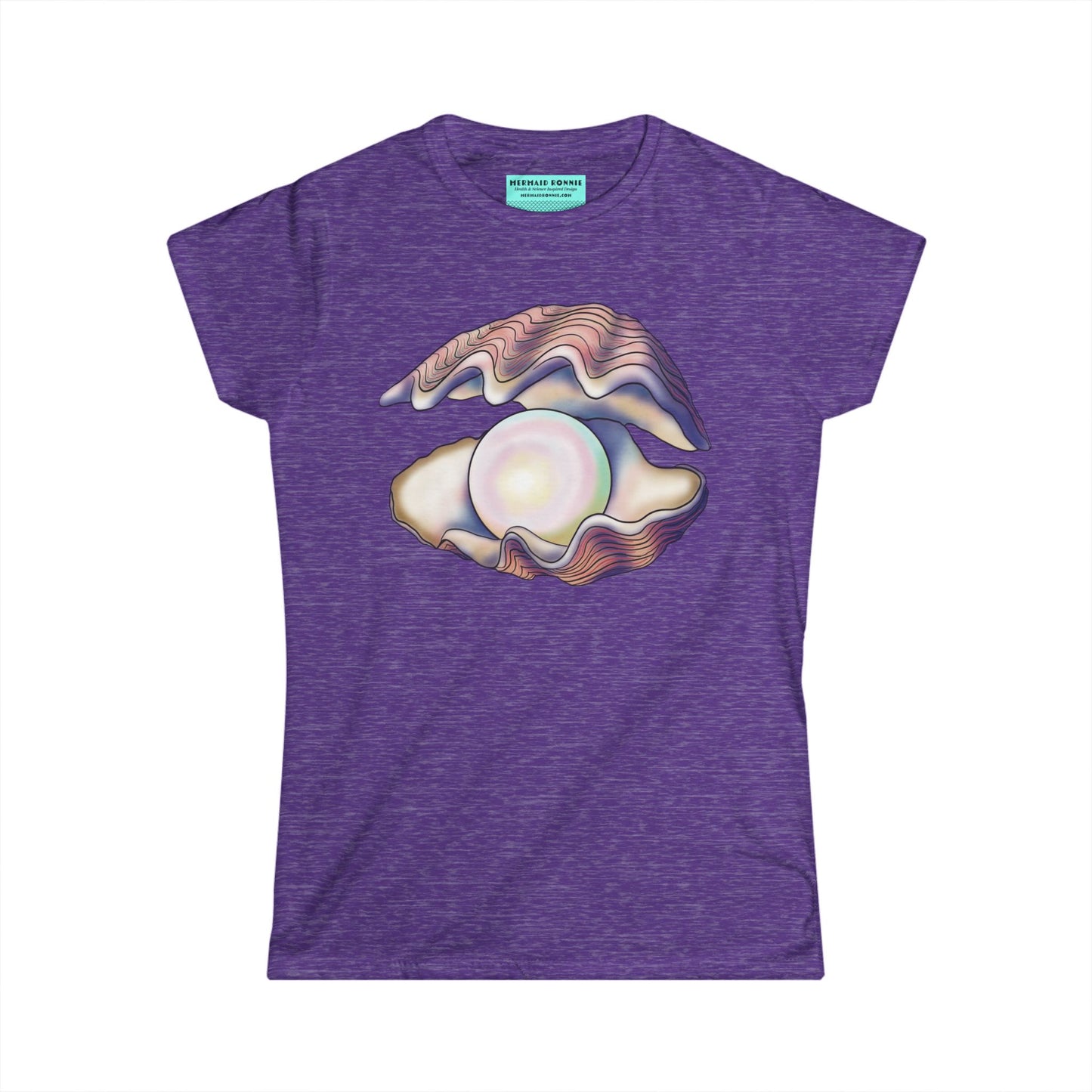 Women’s t-shirt in heather purple featuring an illustration of an open oyster with a large iridescent pearl inside.