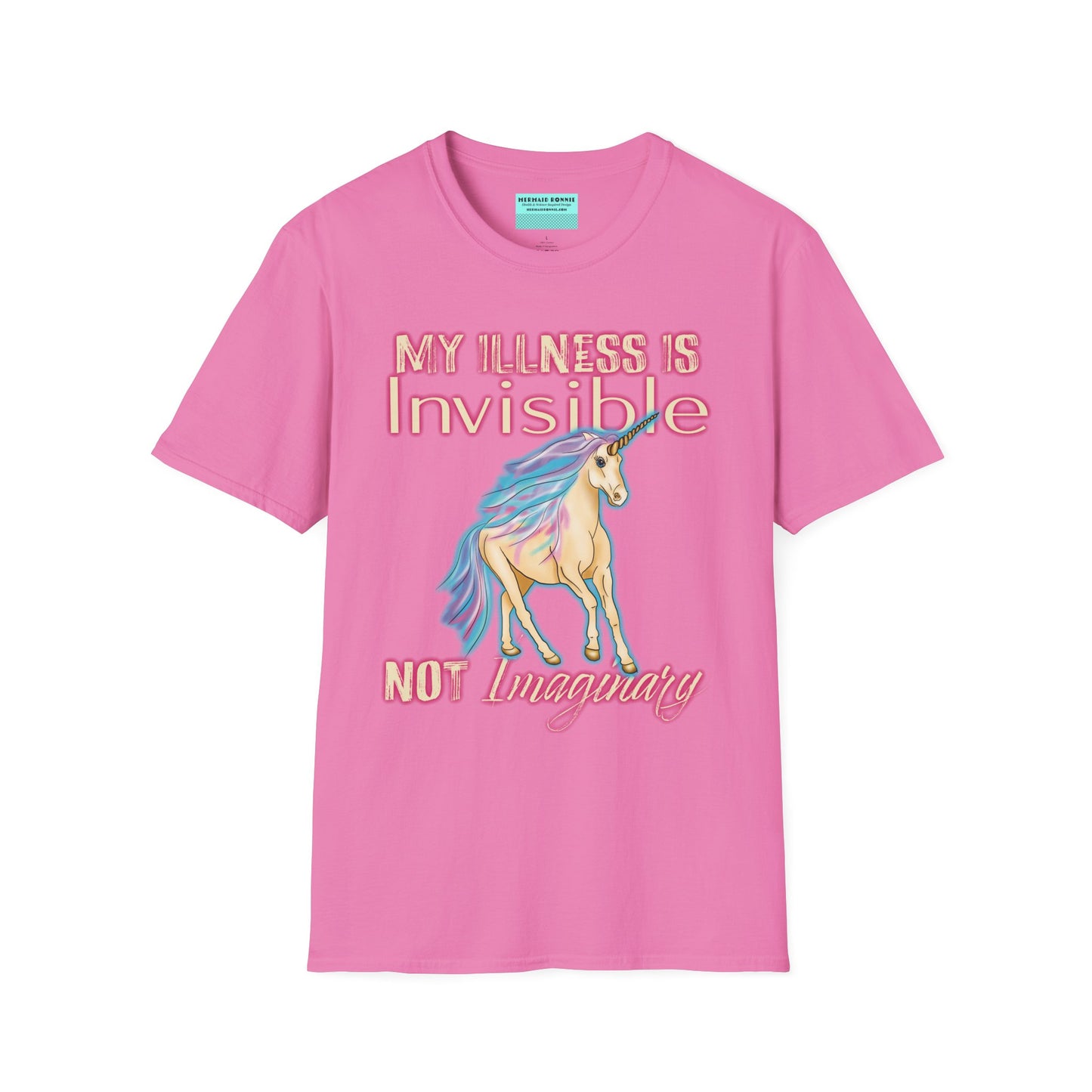 Pink shirt featuring a drawing of a unicorn and the phrase 'My illness is invisible not imaginary'.