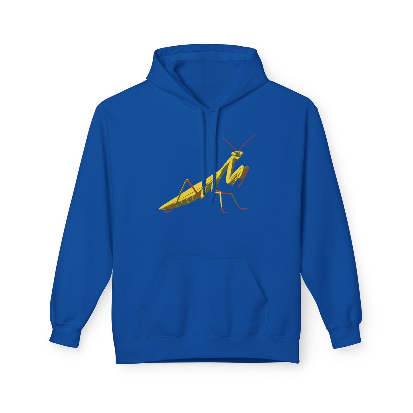 A royal blue unisex pullover hoodie featuring a striking illustration of a yellow and green praying mantis—because sometimes, you need to channel your inner insect warrior while staying cozy.