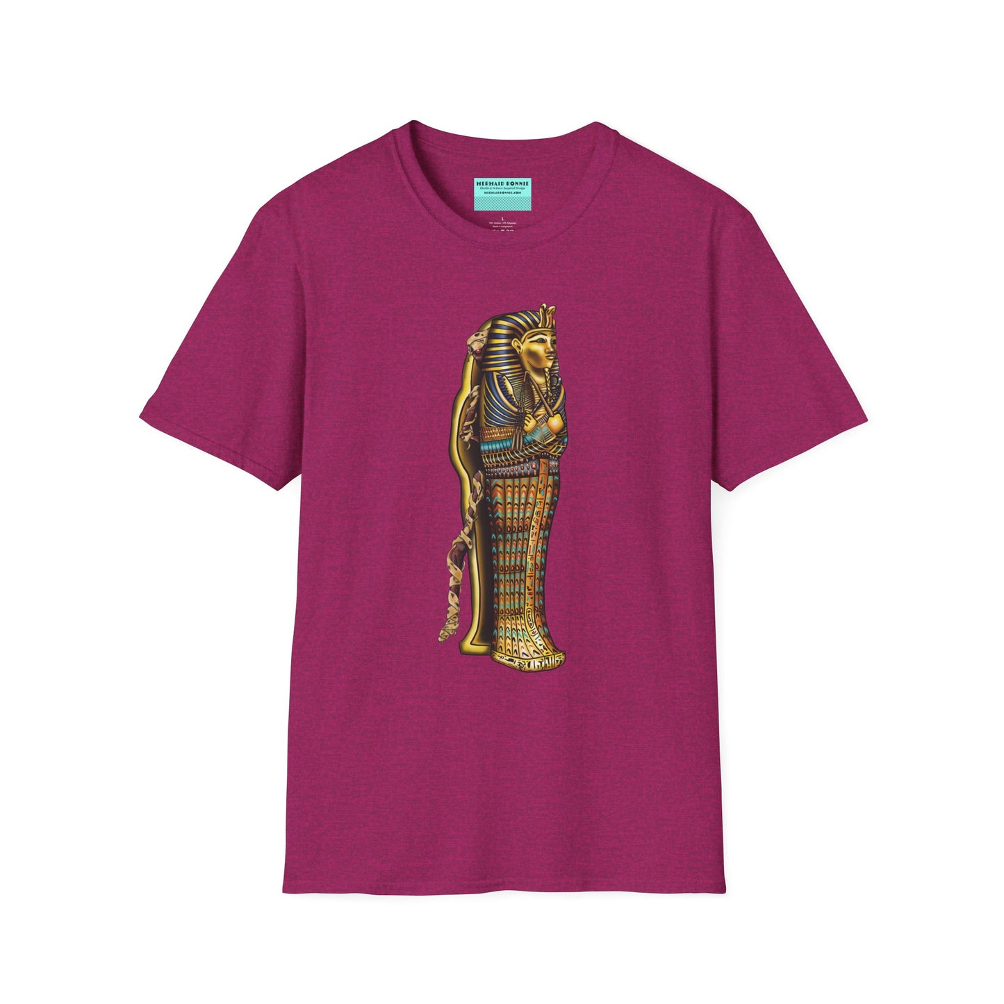 Magenta t-shirt featuring an illustration of an Egyptian sarcophagus, with a mummy stepping out of it and glowing red eyes.
