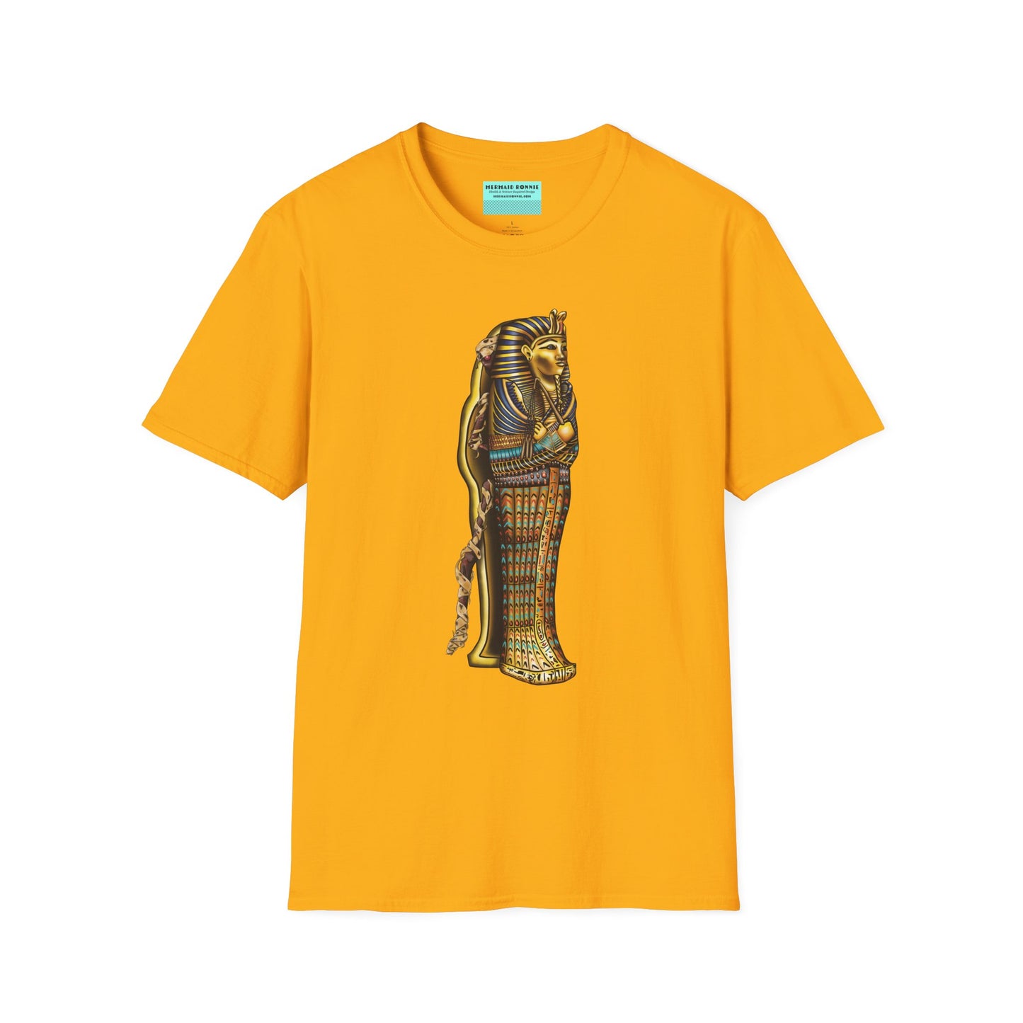 Yellow t-shirt featuring an illustration of an Egyptian sarcophagus, with a mummy stepping out of it and glowing red eyes.
