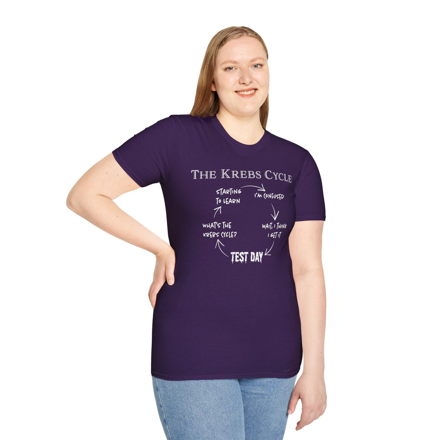 Woman wearing a purple short-sleeve unisex t-shirt with the text “The Krebs Cycle” above a circular diagram that pokes fun at how impossible it is to memorize the citric acid cycle—because biochemistry builds character... and tears.
