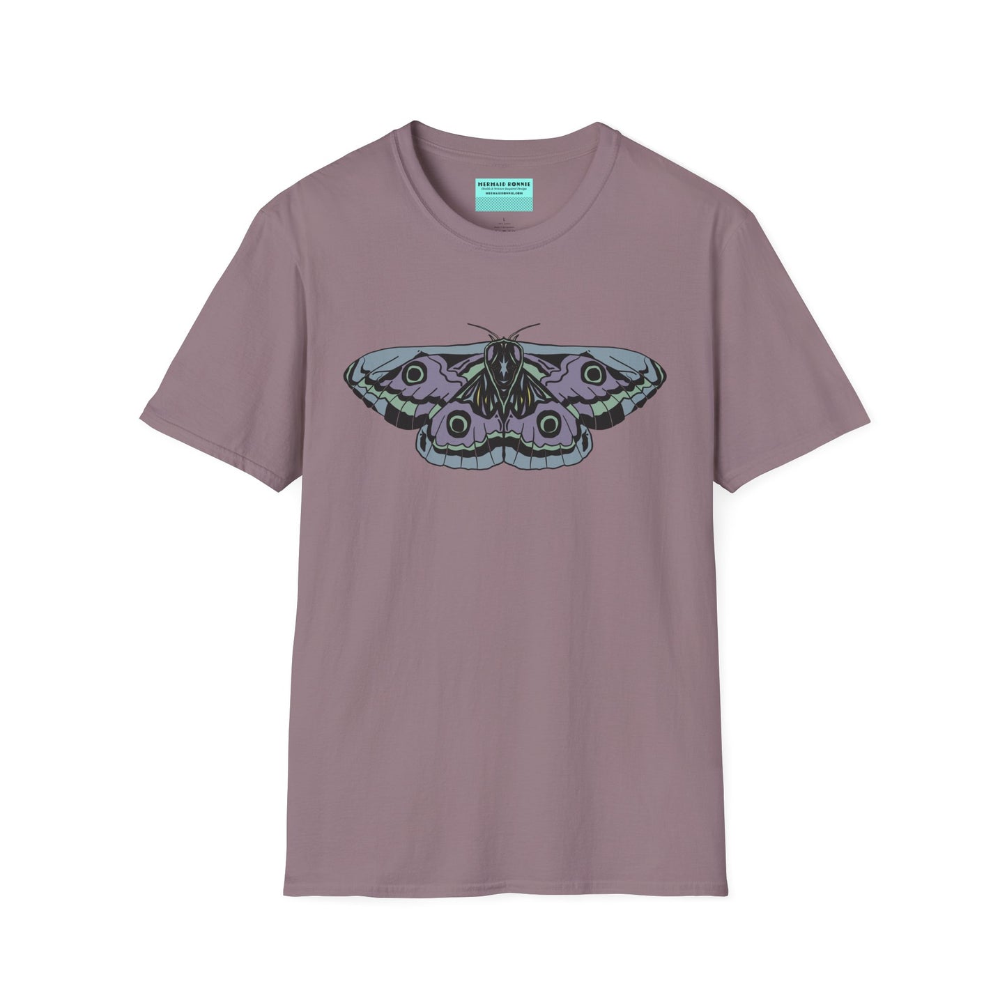 Light purple t-shirt featuring a drawing of a blue and purple moth.
