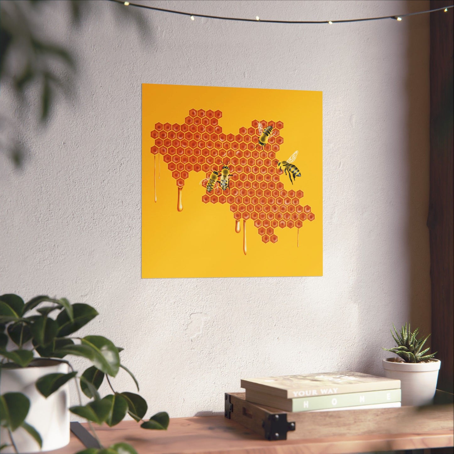 Honeybees on Honeycomb Wall Art Print, Dripping Honey, Yellow and Orange Nature Poster