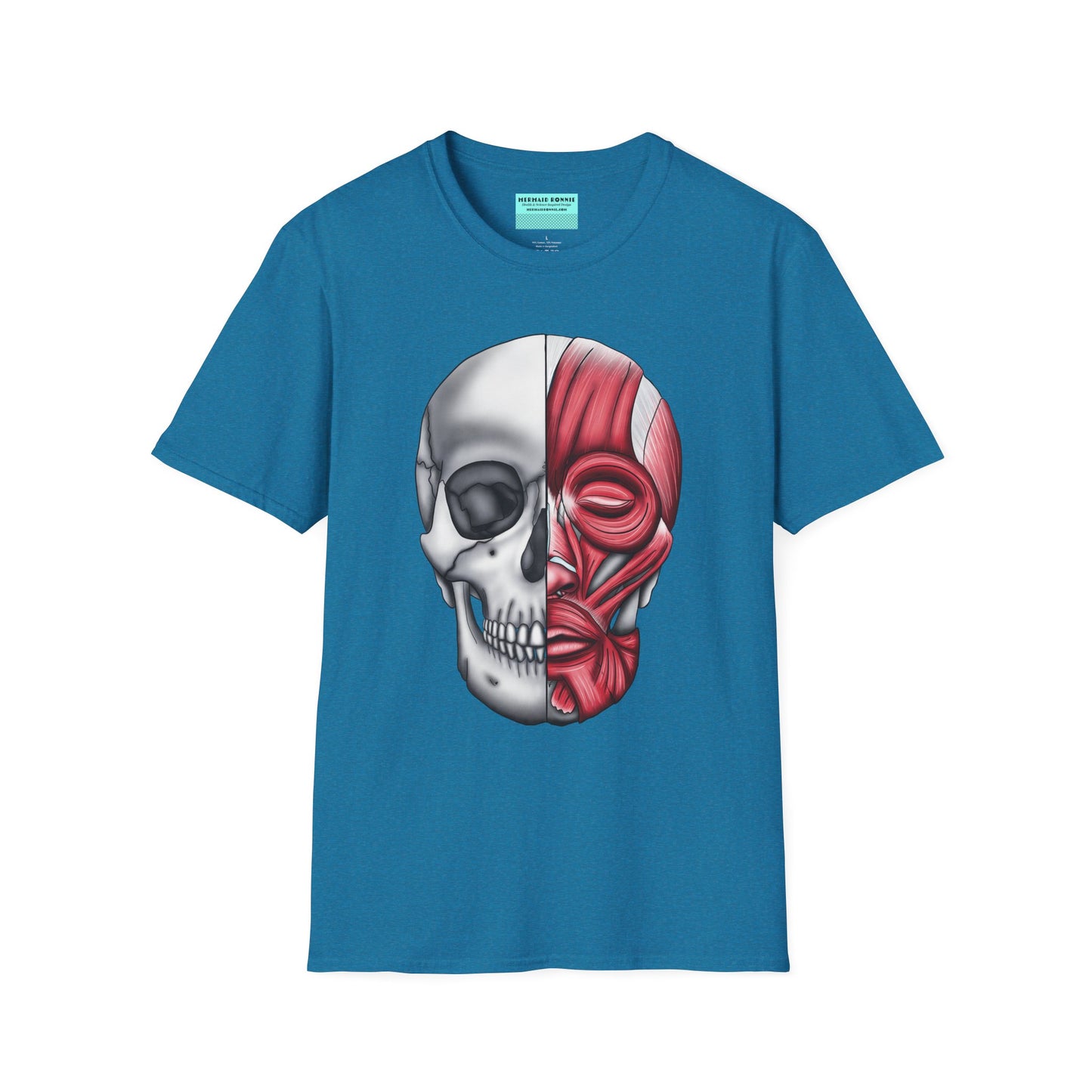 Tropical blue shirt featuring an anatomically correct skull illustration, with half of the skull covered by facial muscles.
