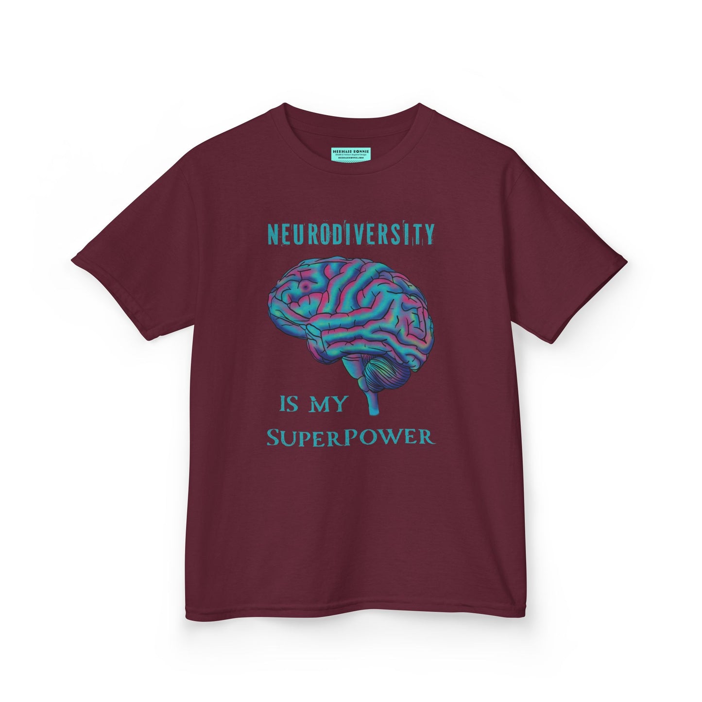 Burgundy unisex kids' t-shirt featuring a drawing of an anatomical brain and the text 'Neurodiversity is my superpower.'