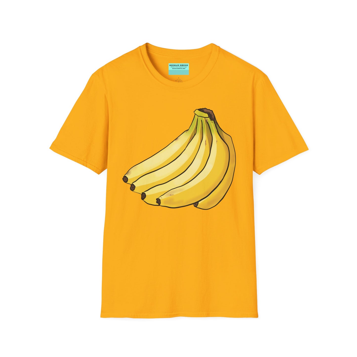 Yellow t-shirt featuring an illustration of a bunch of bananas.