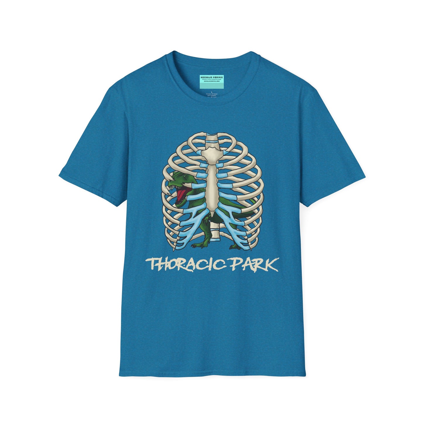 Light blue unisex short sleeve tee with a clever Jurassic twist—an anatomical rib cage doubles as a prehistoric prison for a tiny T-Rex, with the punny caption "Thoracic Park" below. It's dino-mite meets anatomy class in the best way possible.