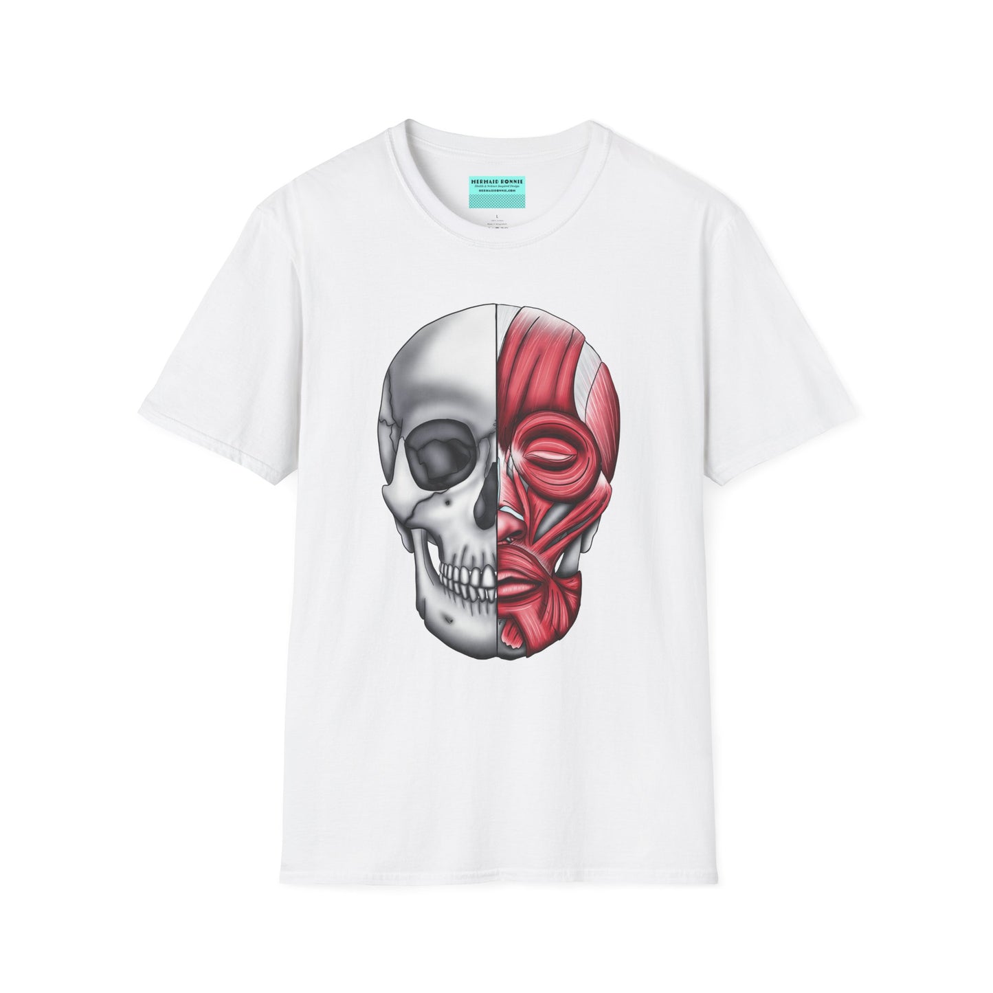 White shirt featuring an anatomically correct skull illustration, with half of the skull covered by facial muscles.
