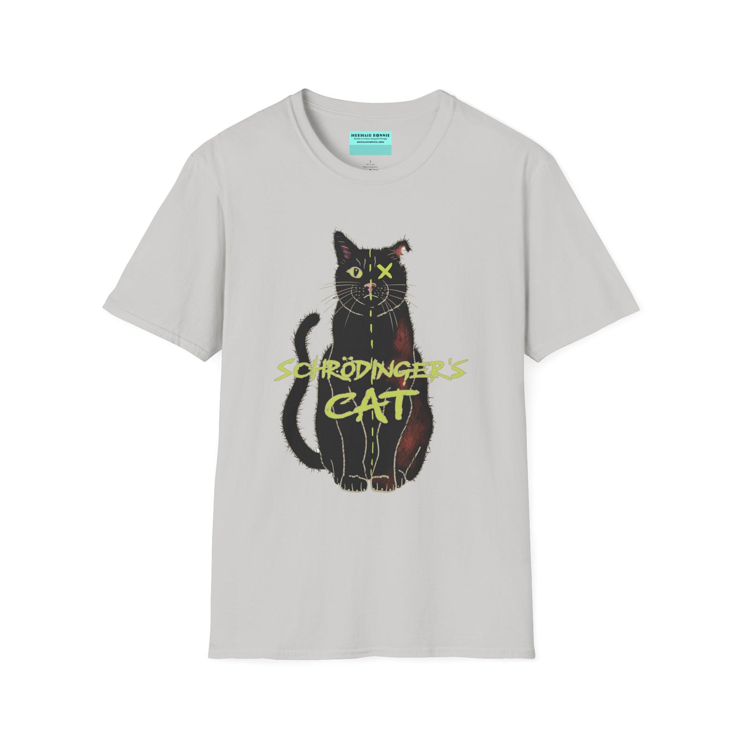 Light grey unisex short-sleeve tee featuring the infamous Schrödinger’s cat—half-alive, half-dead, and fully committed to quantum confusion. The feline paradox lounges proudly beneath the words "Schrödinger's Cat," because science jokes are both alive and kicking and six feet under.