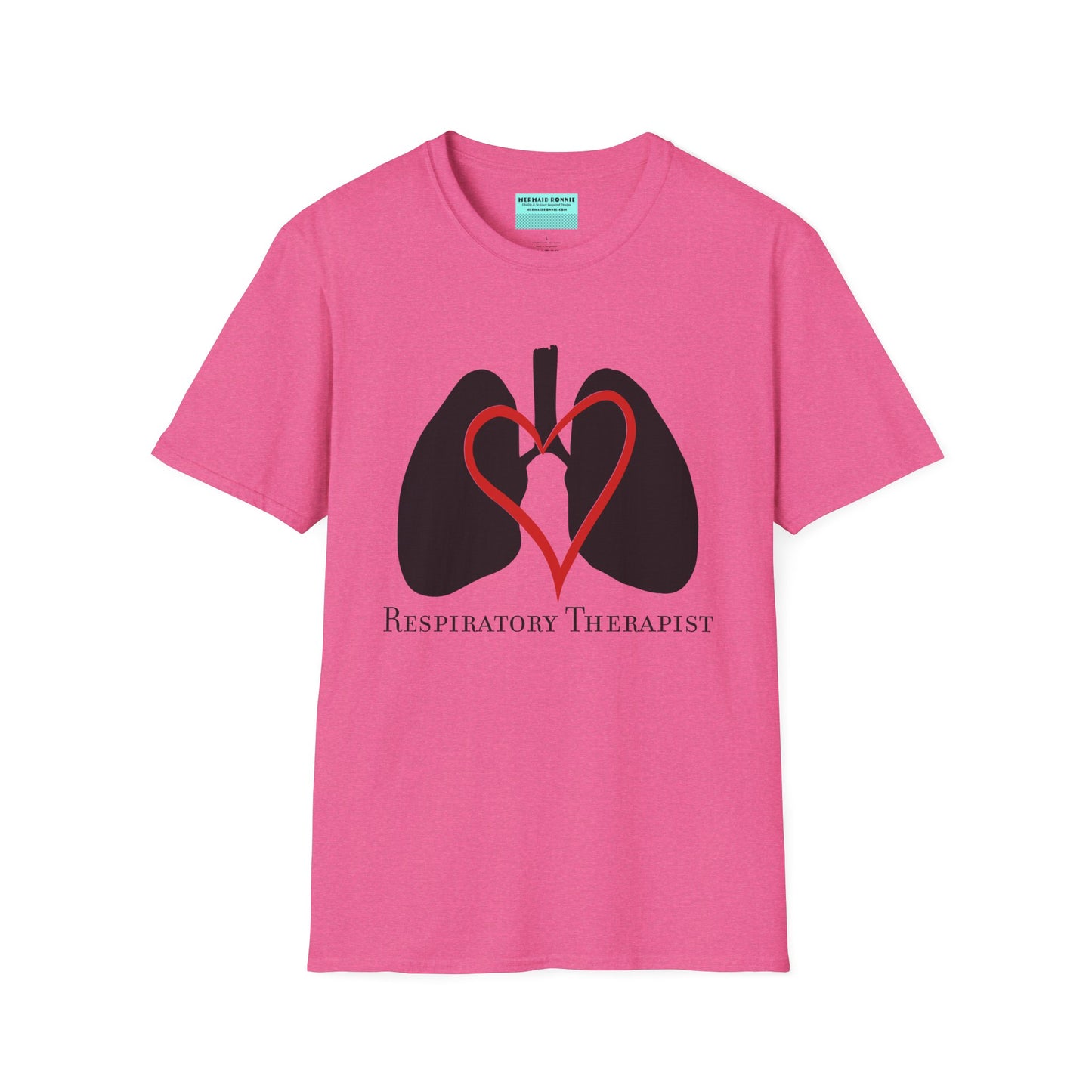 Dark pink unisex short sleeve t-shirt with a graphic illustration of a heart and lungs; the words "respiratory therapist" are printed below the design.