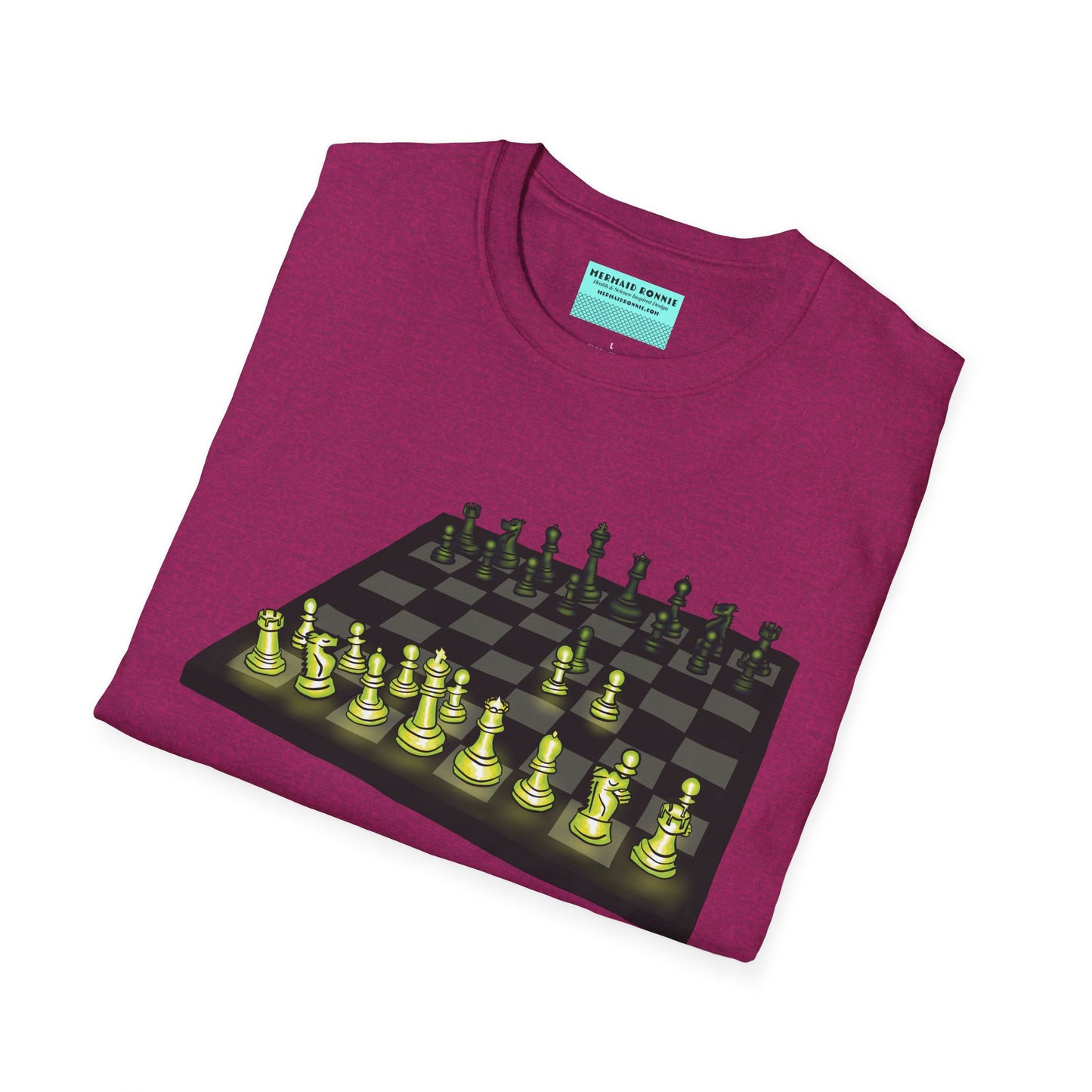 Folded pink unisex short-sleeve t-shirt featuring an electrifying chess board with glowing pieces mid–Queen’s Gambit, because nothing says “checkmate” like opening with flair and a radiant strategy.