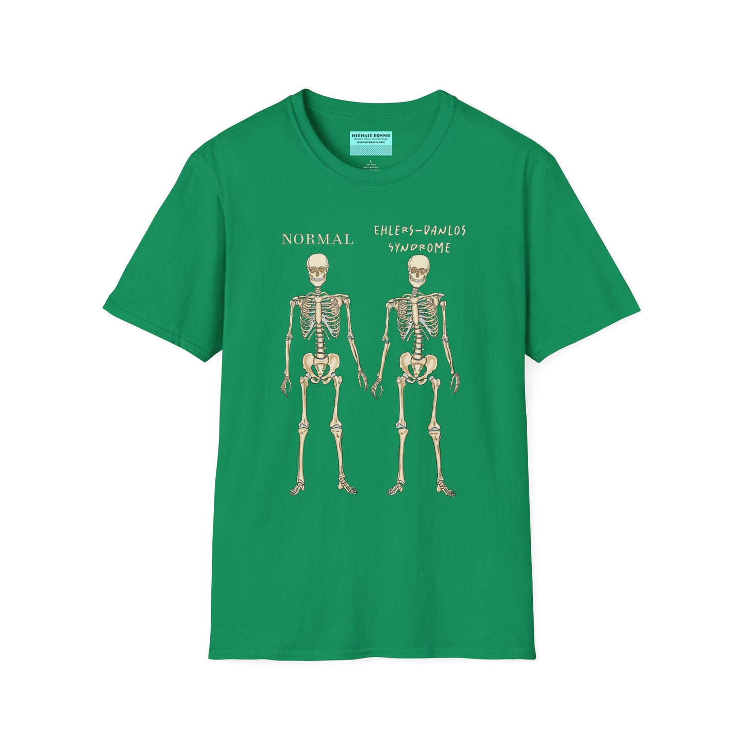 Green unisex short sleeve t-shirt featuring two skeletons side by side—one labeled "normal," the other "Ehlers-Danlos Syndrome"—because connective tissue disorders deserve more visibility (and maybe a sense of humor, too).