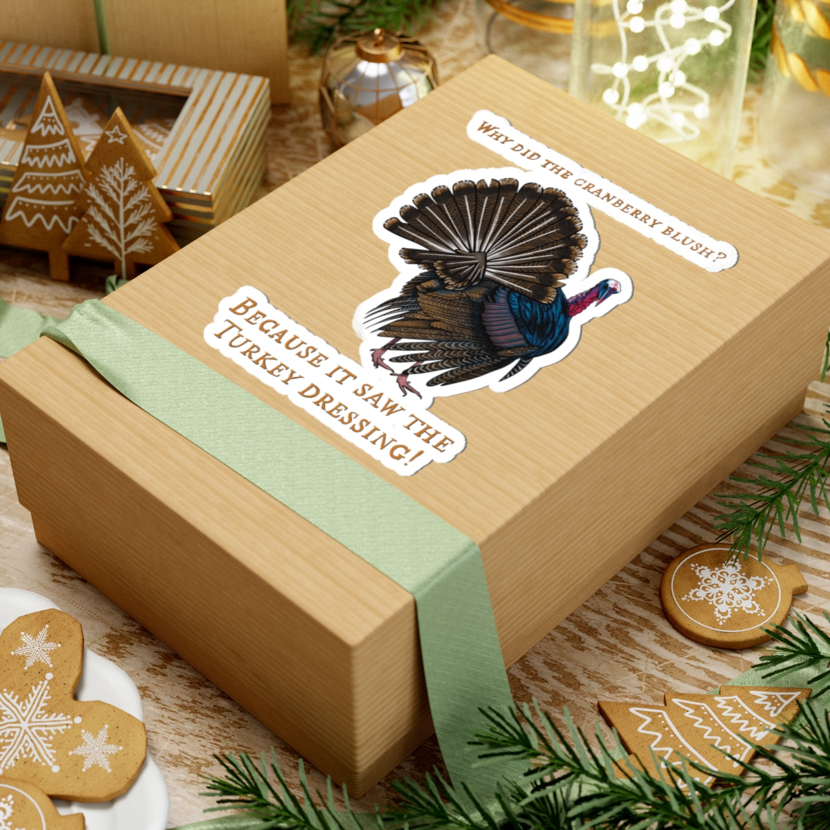 Funny Thanksgiving Turkey Joke Sticker, 'Why Did the Cranberry Blush?', Holiday Party Decor
