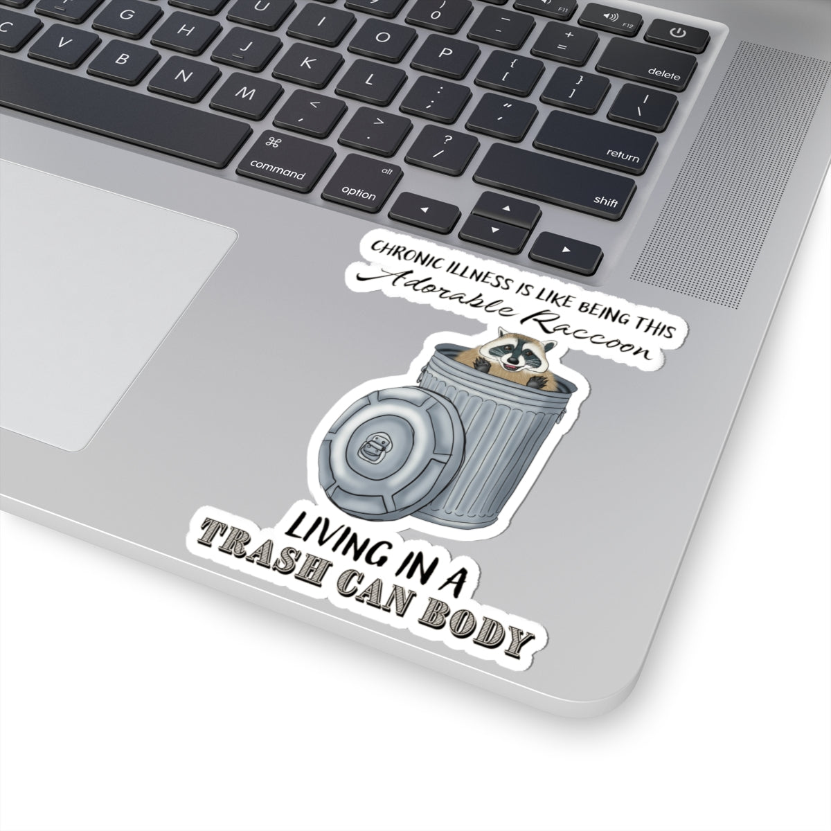 Medium sticker on a computer with a drawing of a raccoon sitting in a metal trash can, accompanied by the text: 'chronic illness is like being this adorable raccoon living in a trash can body.'