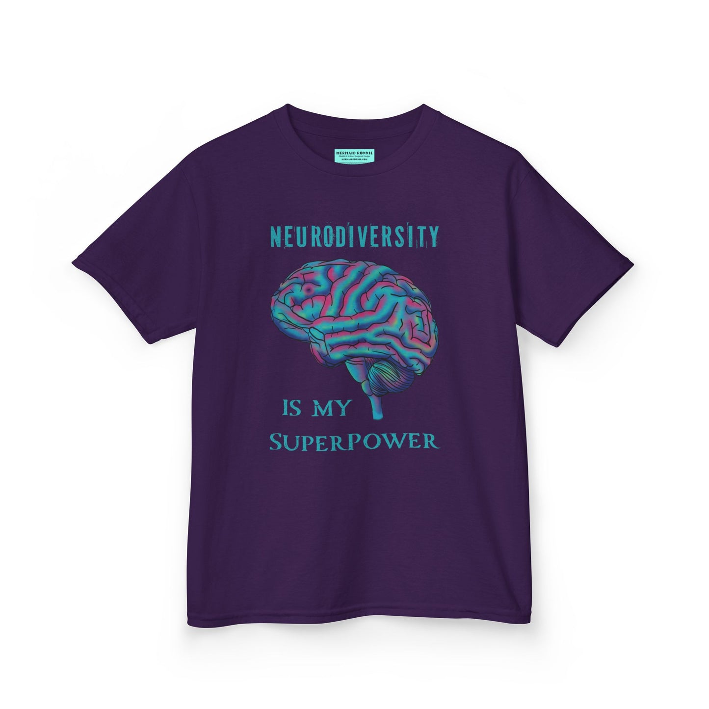 Purple unisex kids' t-shirt featuring a drawing of an anatomical brain and the text 'Neurodiversity is my superpower.'