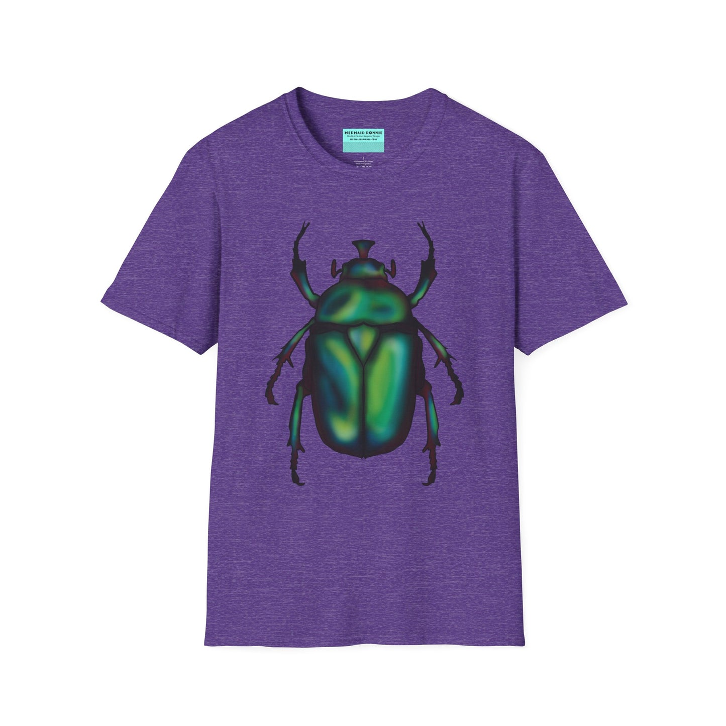 Purple t-shirt featuring an illustration of a June bug (green chafer beetle) across the chest.