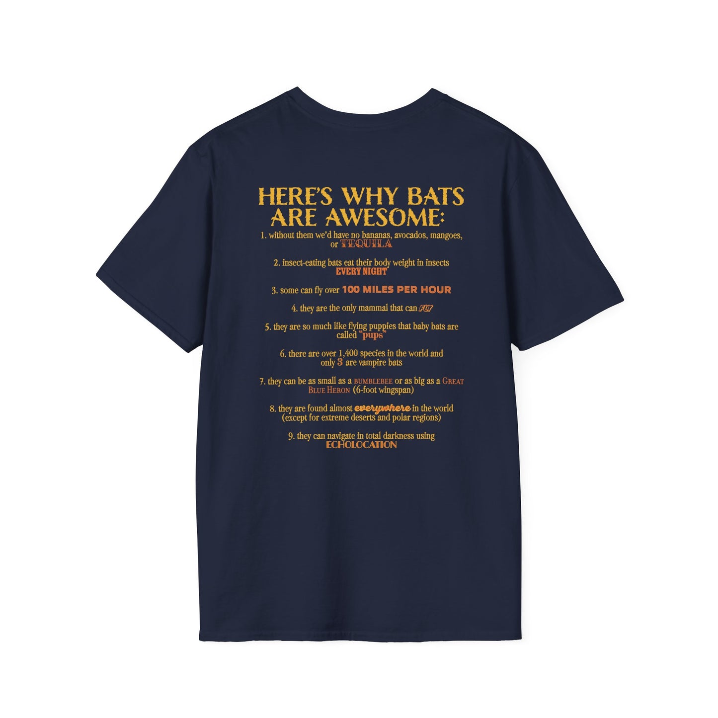 Back of a navy t-shirt that reads “Here’s why bats are awesome,” followed by a fun list of 9 bat facts—because who doesn’t want wearable proof that bats are the underrated rockstars of the animal kingdom?