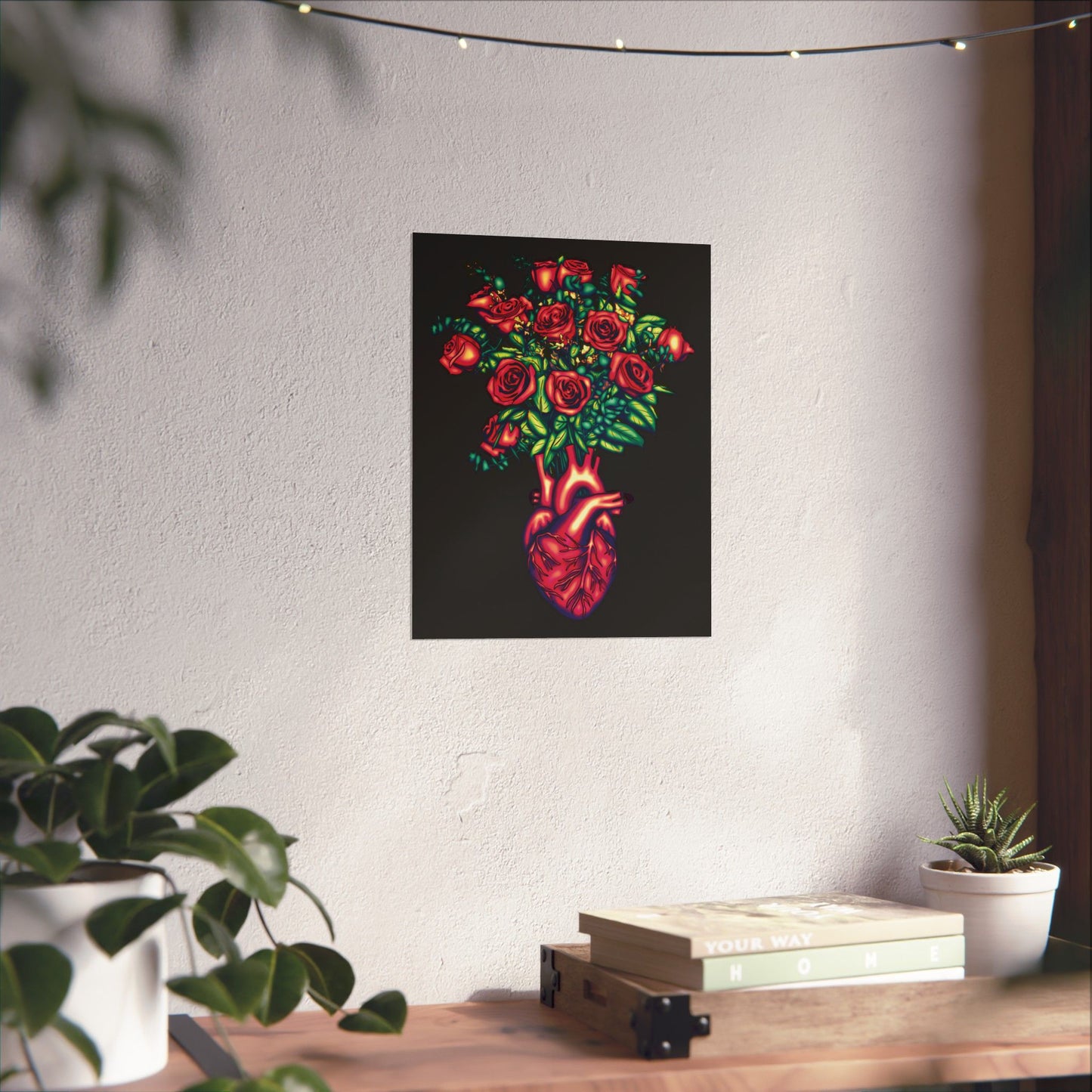 Anatomical Heart with Roses Art Print, Gothic Wall Decor Poster, Black and Red Floral Wall Poster