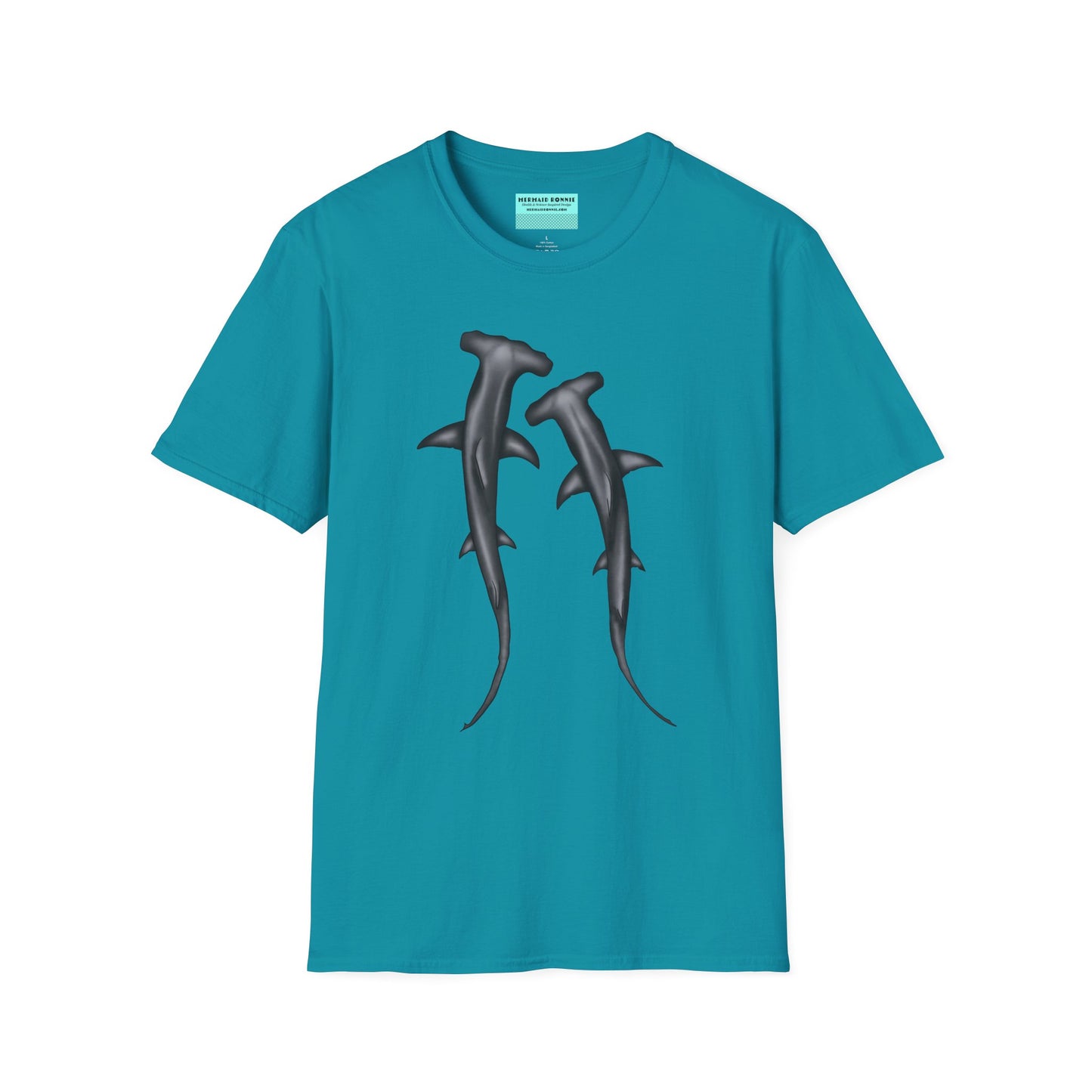 Galapagos blue t-shirt featuring an illustration of two hammerhead sharks.