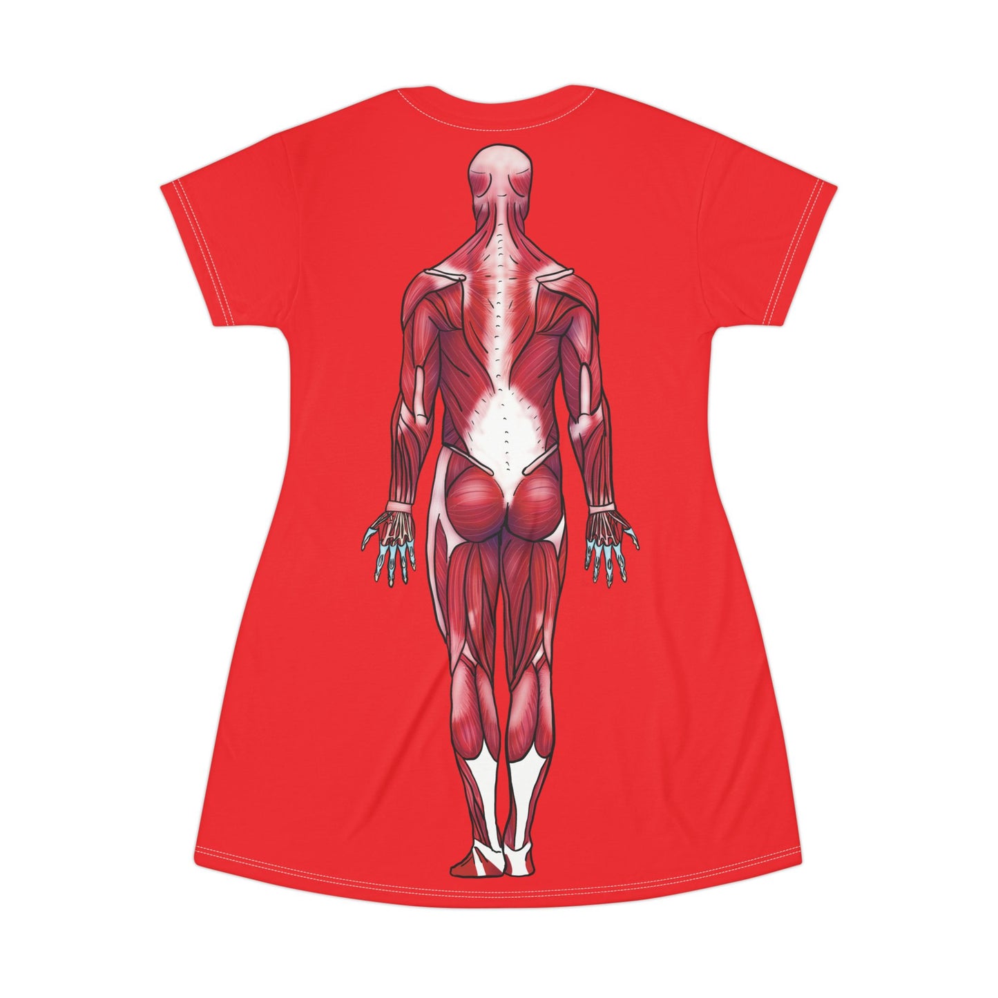 Red t-shirt dress flaunting fierce anatomy—features a posterior muscular system diagram back and center, because who needs armor when your muscles are this on point?