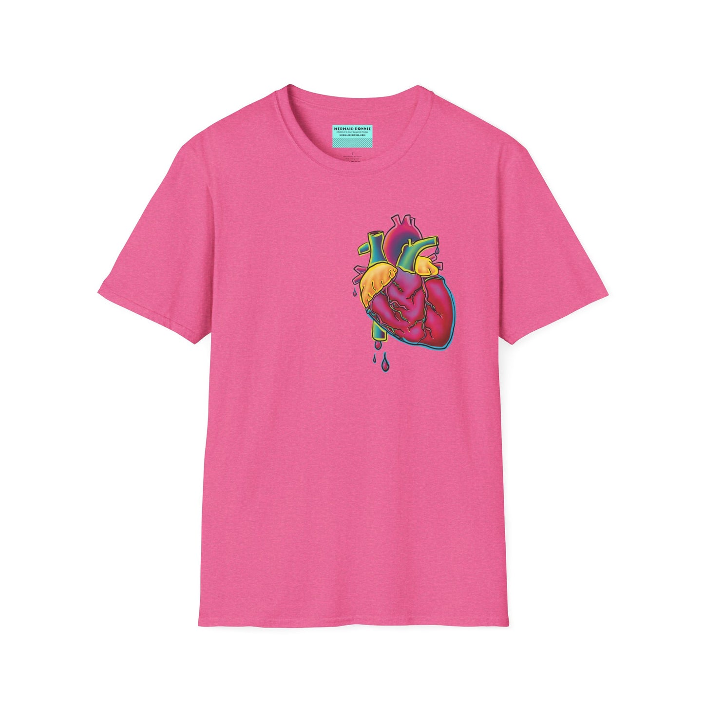 Pink unisex short sleeve t-shirt featuring a bold neon anatomical heart front and off-center, complete with dripping blood vessels—because nothing says “wear your heart on your sleeve” like wearing it smack on your chest in highlighter tones.