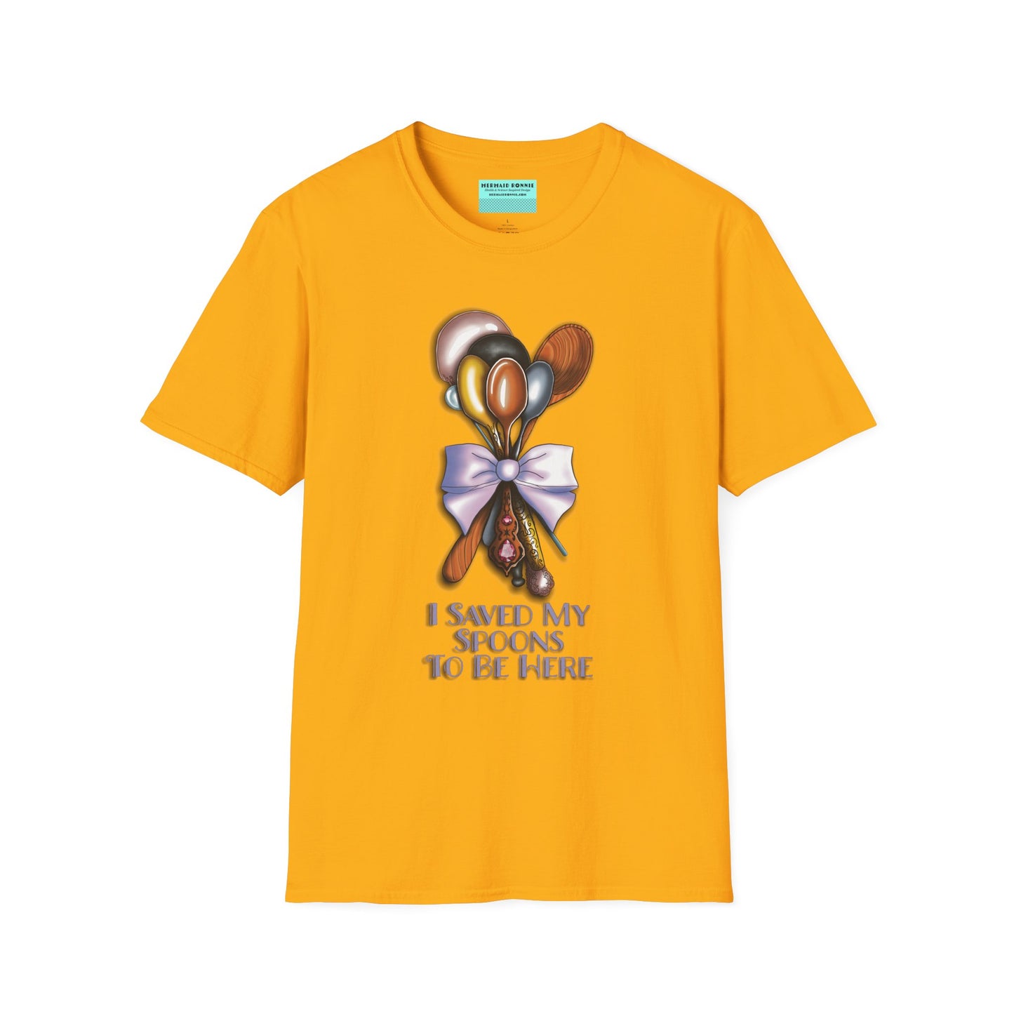 Yellow t-shirt with an illustration of a bouquet of spoons and the phrase 'I saved my spoons to be here' printed on the front.