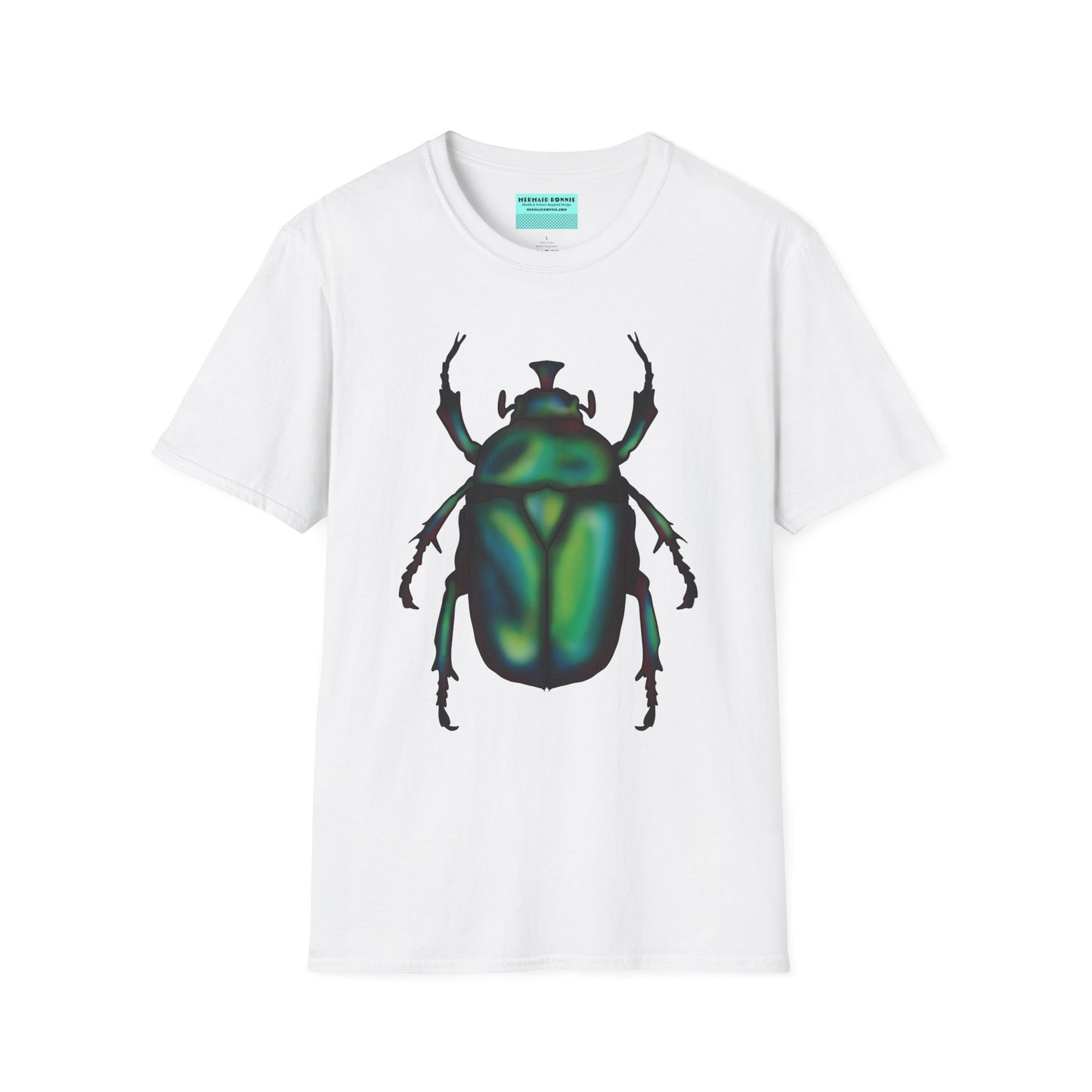 White t-shirt featuring an illustration of a June bug (green chafer beetle) across the chest.