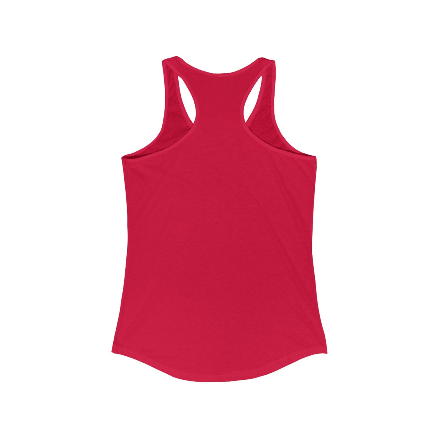 The back view of a red women's racerback tank top