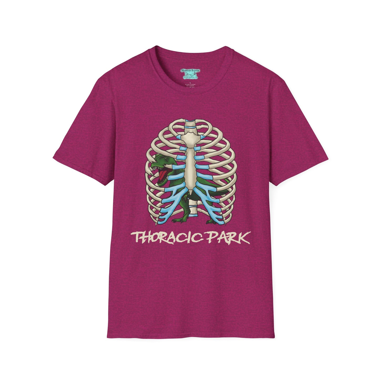 Thoracic Park T-Shirt, T-Rex Dinosaur in Rib Cage Graphic Tee, Unisex Short Sleeve