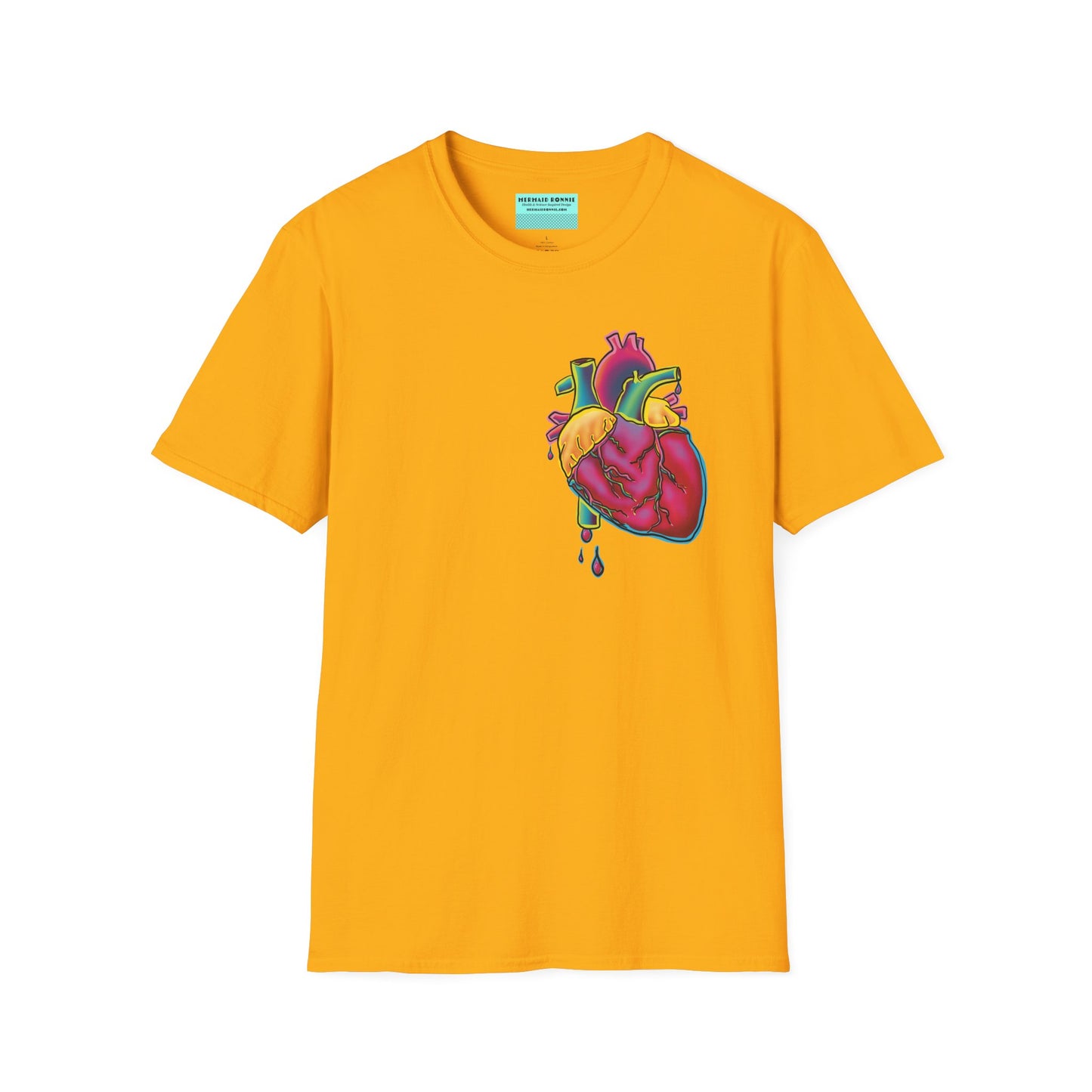 Yellow unisex short sleeve t-shirt featuring a bold neon anatomical heart front and off-center, complete with dripping blood vessels—because nothing says “wear your heart on your sleeve” like wearing it smack on your chest in highlighter tones.
