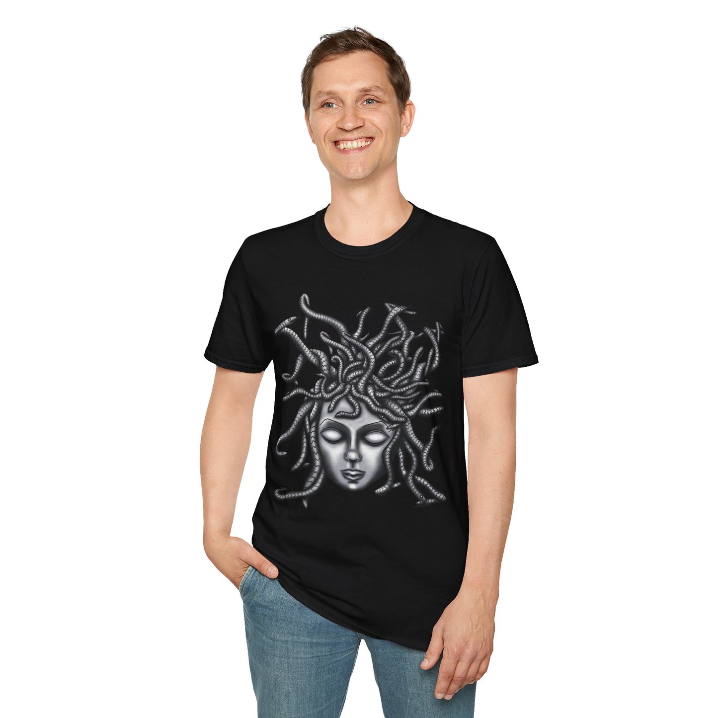 Man wearing a black t-shirt featuring a grayscale drawing of Medusa.