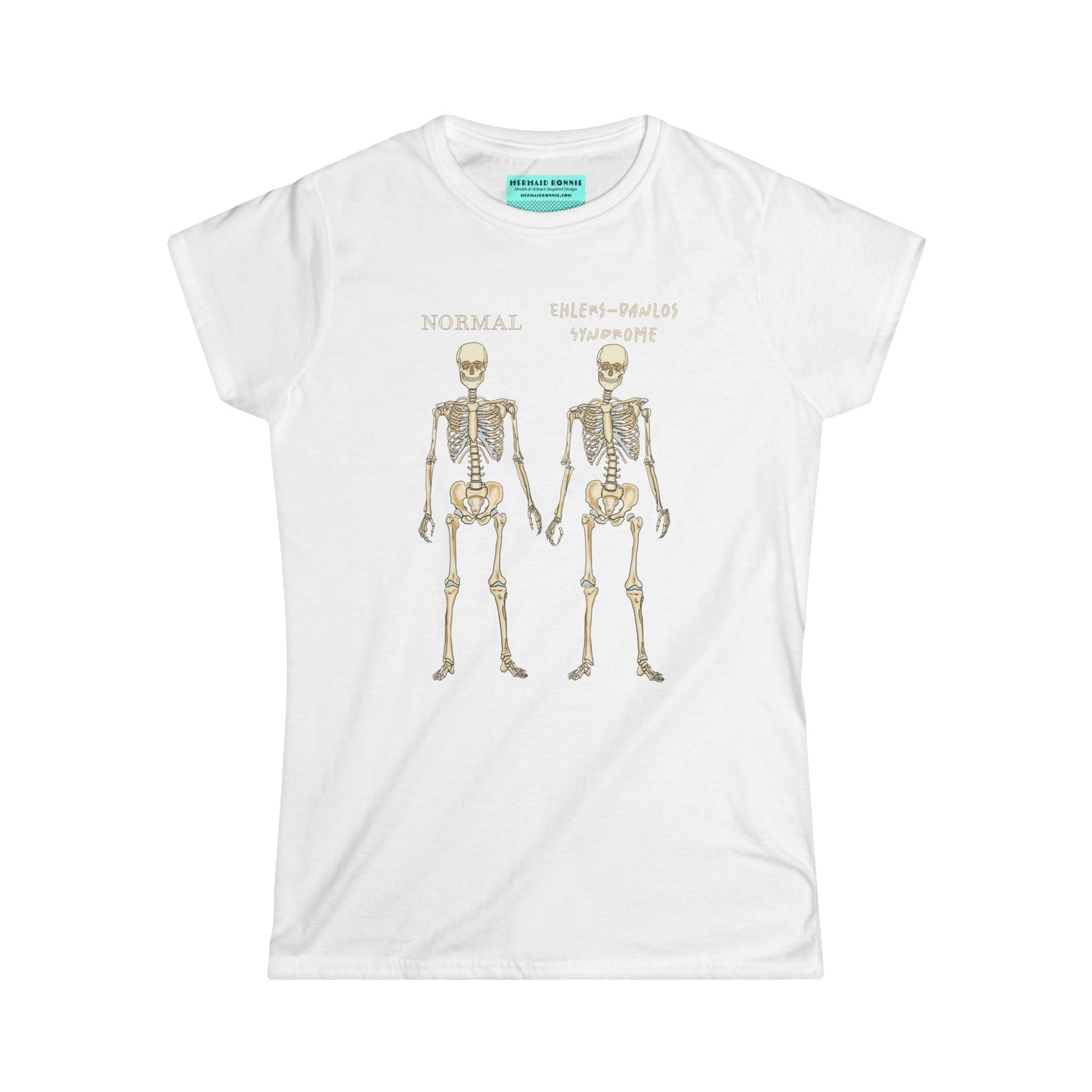 Women’s t-shirt in white with two skeletons side by side. The first is labeled 'Normal' and the second is labeled 'Ehlers-Danlos Syndrome,' visually illustrating the skeletal effects of EDS.