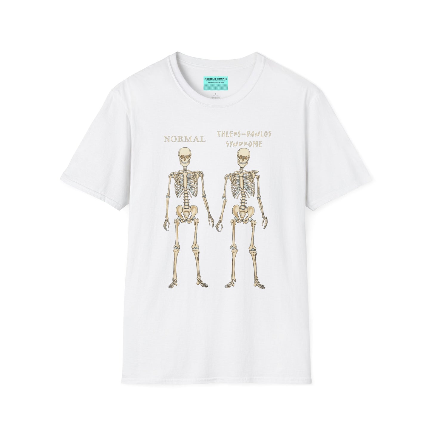 White unisex short sleeve t-shirt featuring two skeletons side by side—one labeled "normal," the other "Ehlers-Danlos Syndrome"—because connective tissue disorders deserve more visibility (and maybe a sense of humor, too).